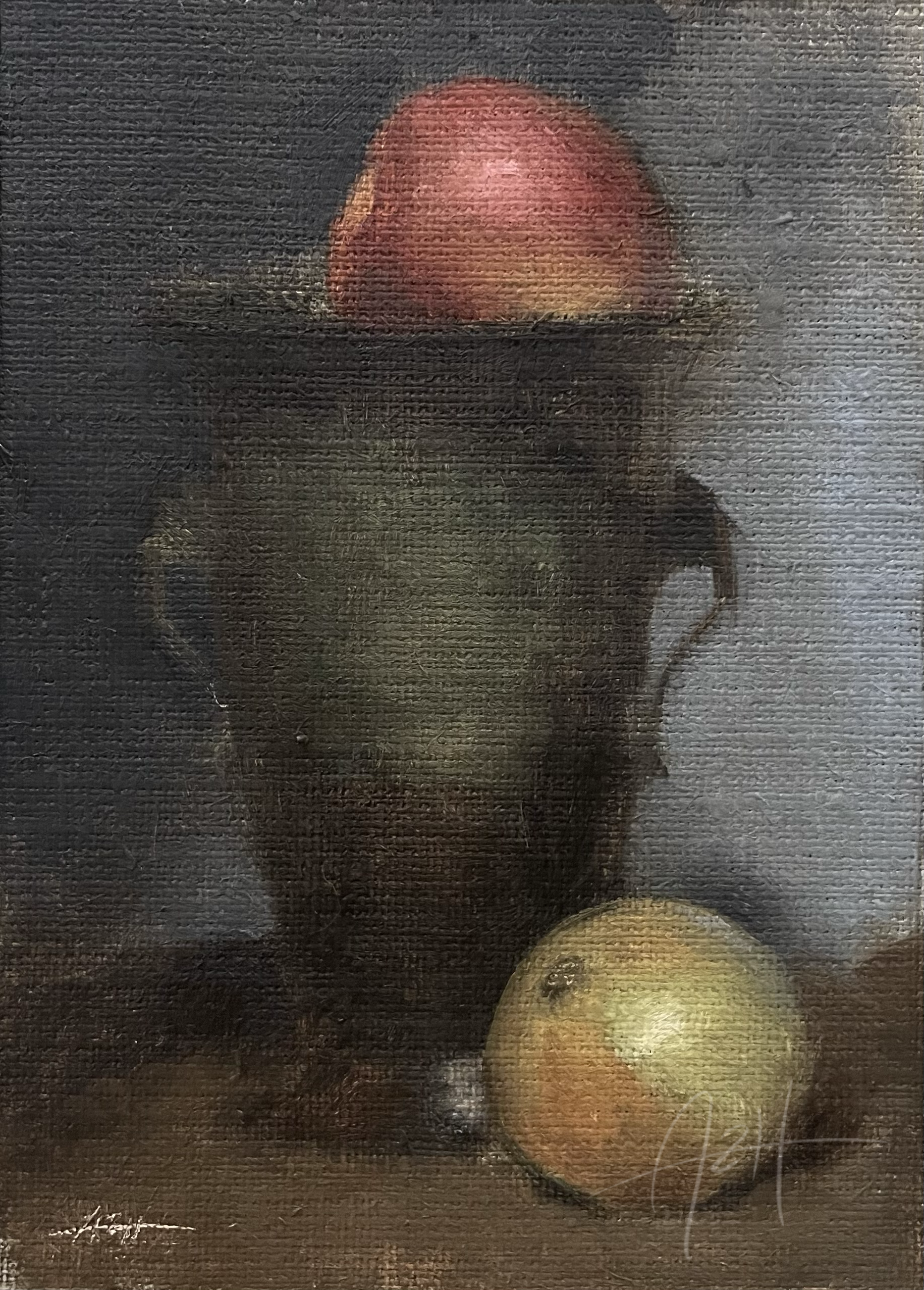 'Study of an Apple, Onion, and a Sassy Pot', 2024, Oil on linen 🔴