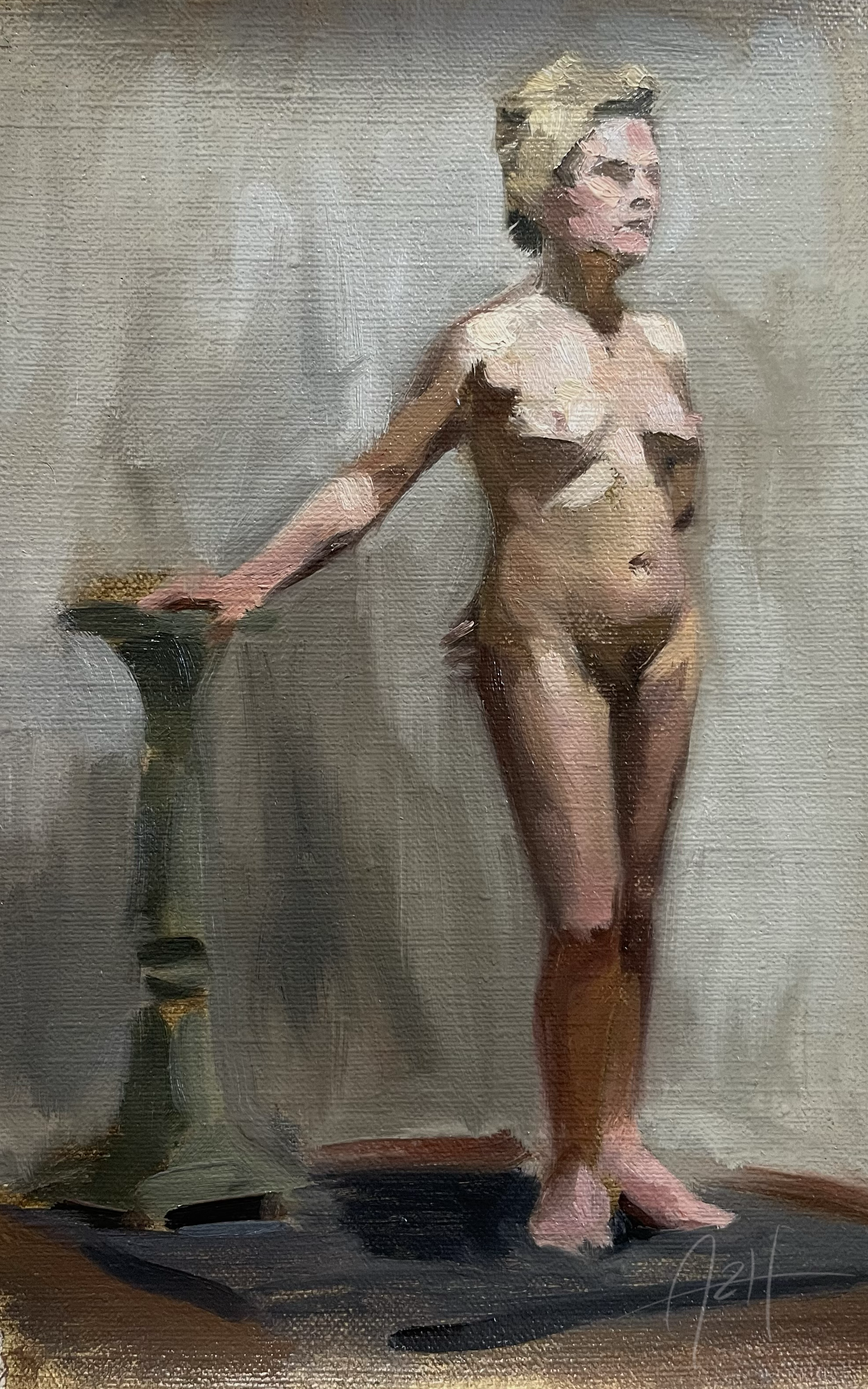 Untitled (standing figure with podium color study), 2026, Oil on linen