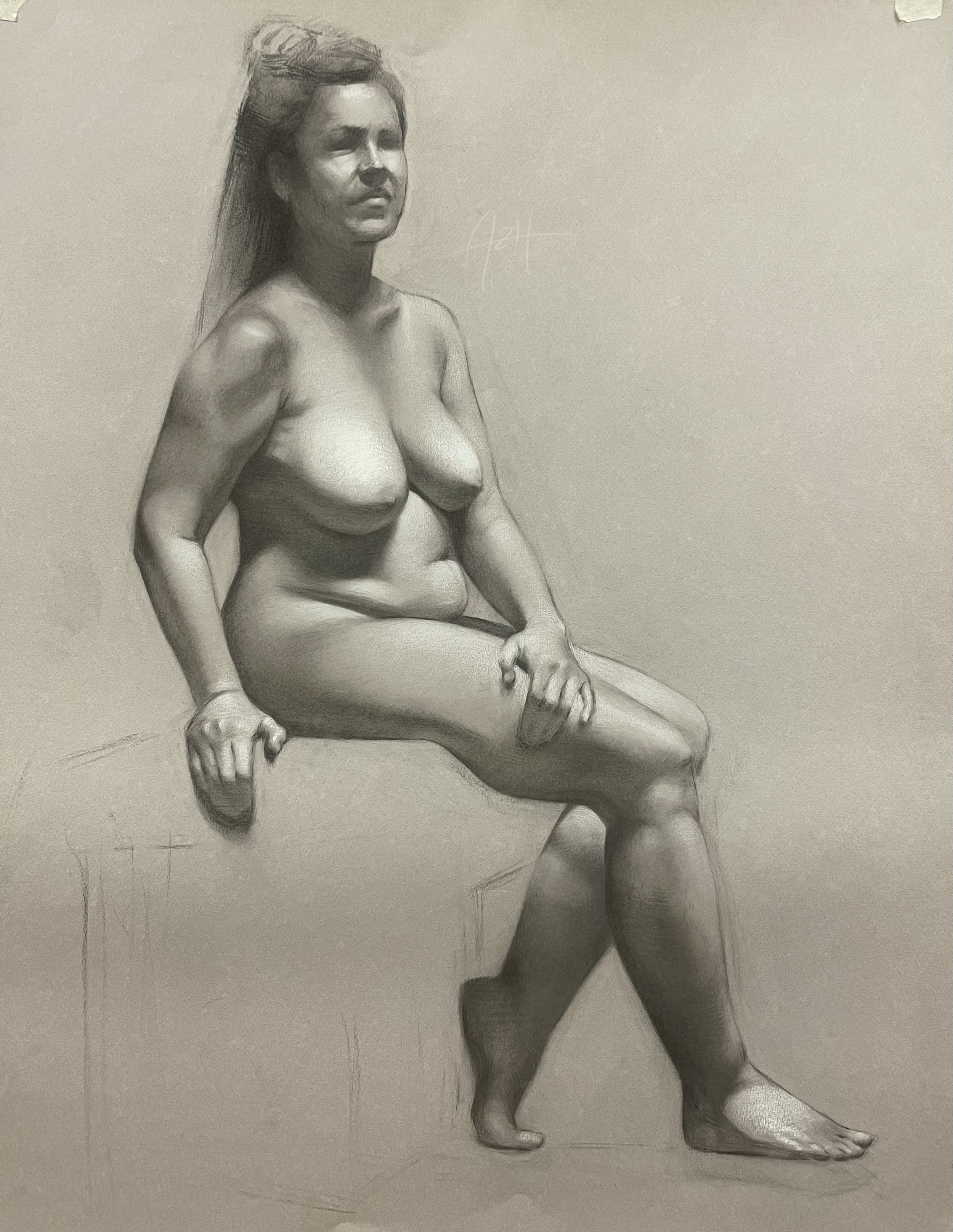 'Seated Woman', 2024, Chalk and charcoal 🔴