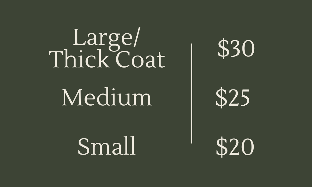 Bath Rates. Large or thick coats $30. Medium $25. Small $20.