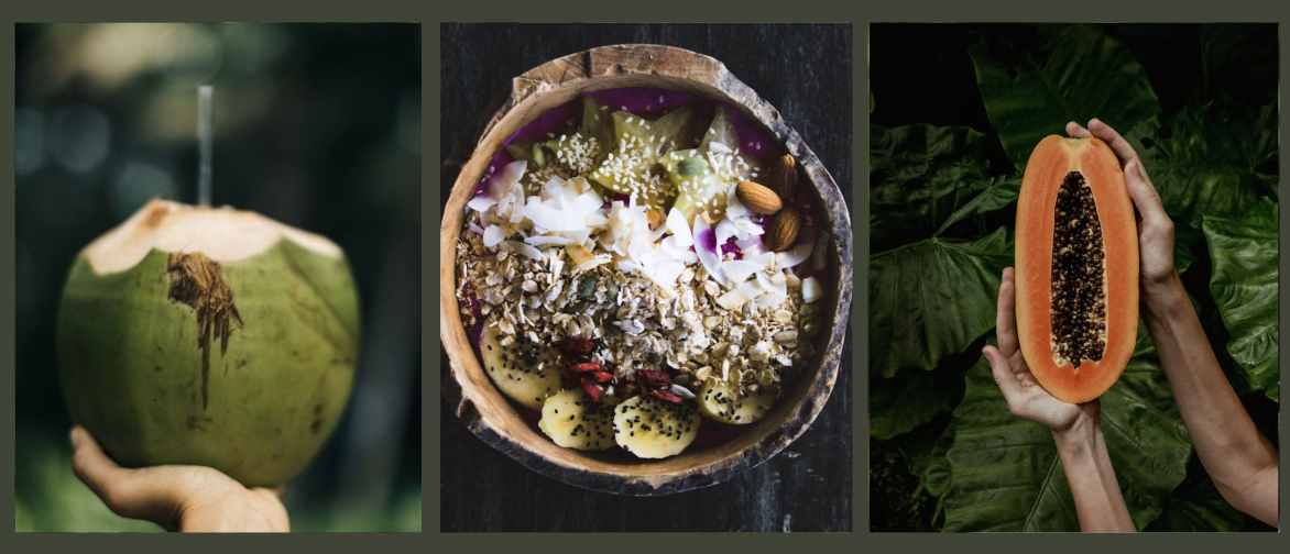 Trois images de fruits exotiques : une main tenant un fruit vert, peut-être une coco, une coupelle avec une salade de fruits comprenant des kiwi, papaye, noix et graines, et une main tenant une moitié de papaye orange avec ses graines noires.