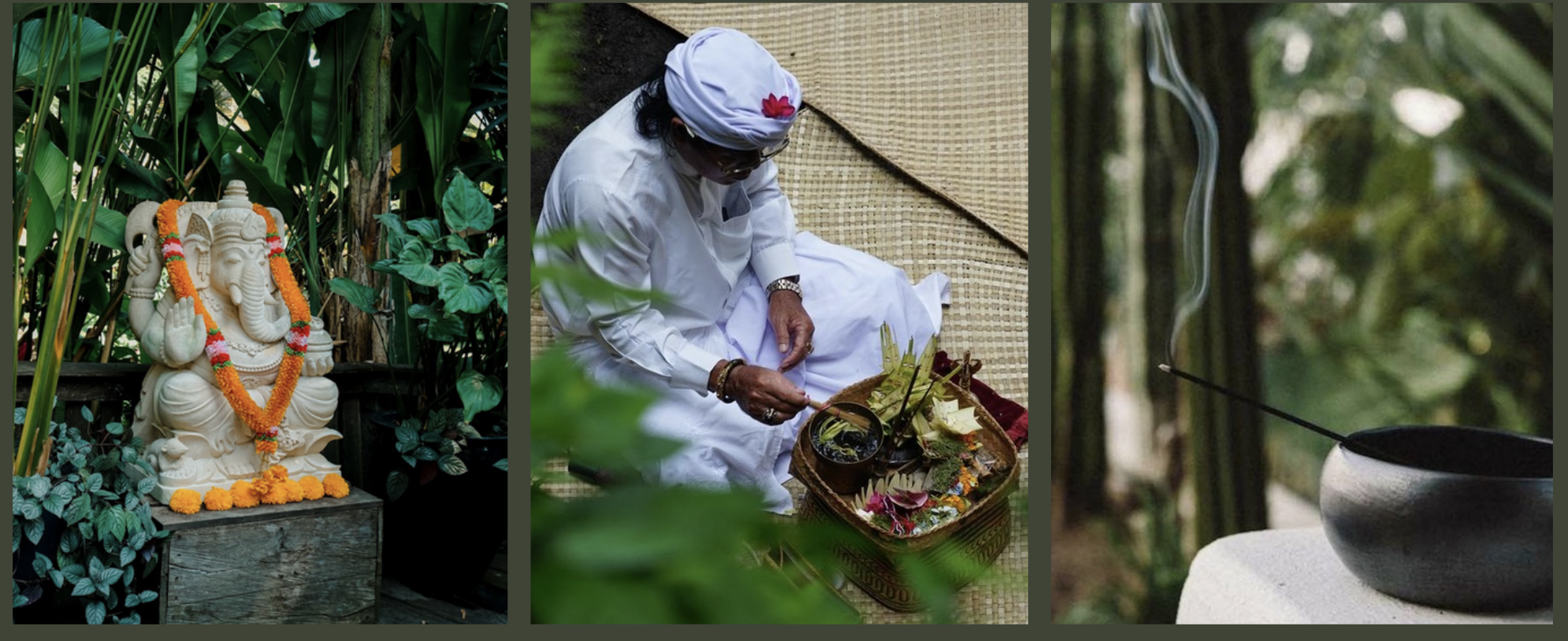Image divisée en trois parties montrant une statue de Ganesha décorée de fleurs, une personne en train de faire un rituel avec des fleurs et de la fumée, et un bol avec de la fumée dans un environnement naturel.