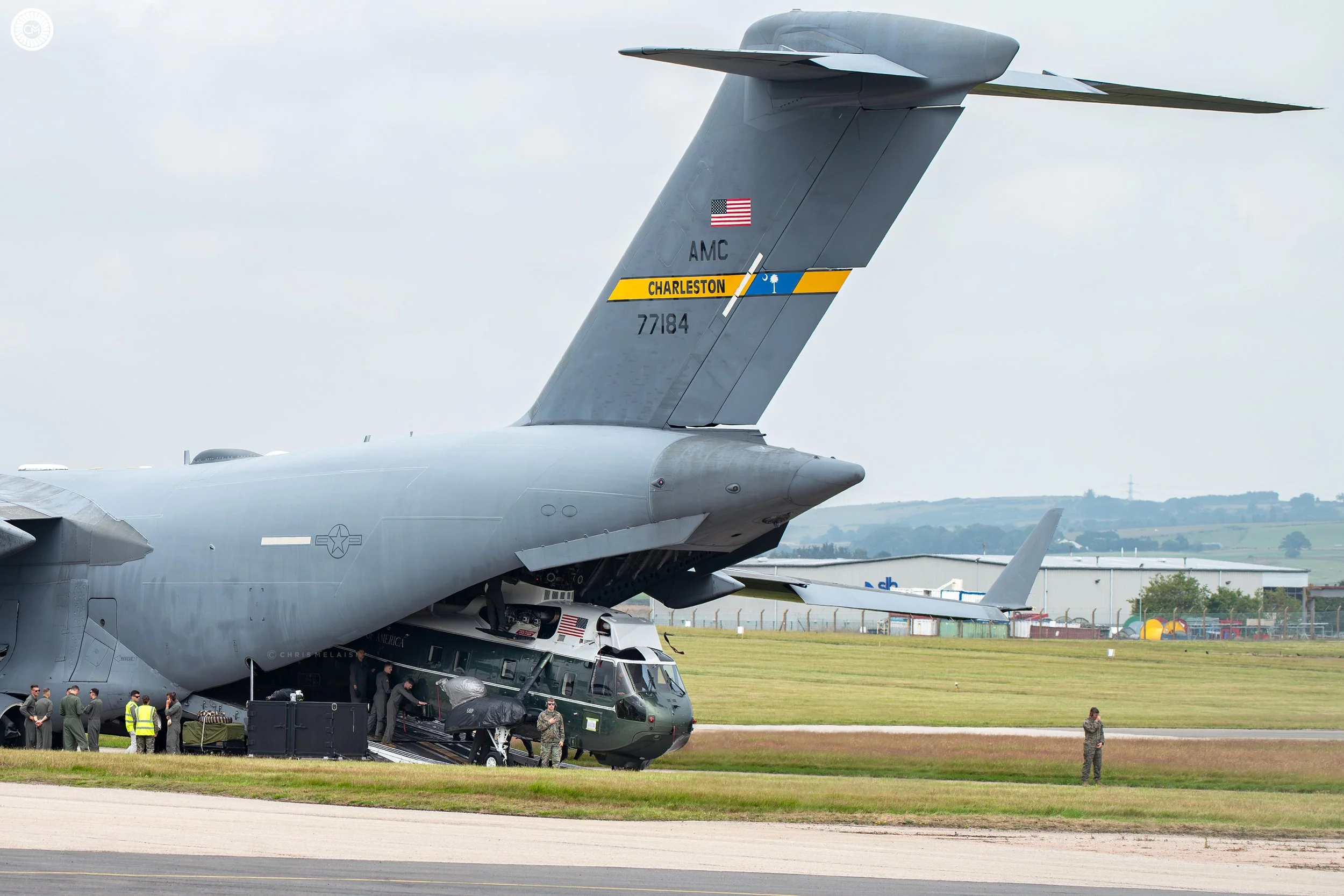 2025 USAF United States of America Air Force Army Marines HMX-1 VC-25A C-32A Andrews AFB Scotland POTUS visit Aberdeen Prestwick Chris Melaisi Sea King HMX-1 White Top VH-3D CH-47F C-17A Globemaster Golf Course Scottish President Trump Donald EGPD