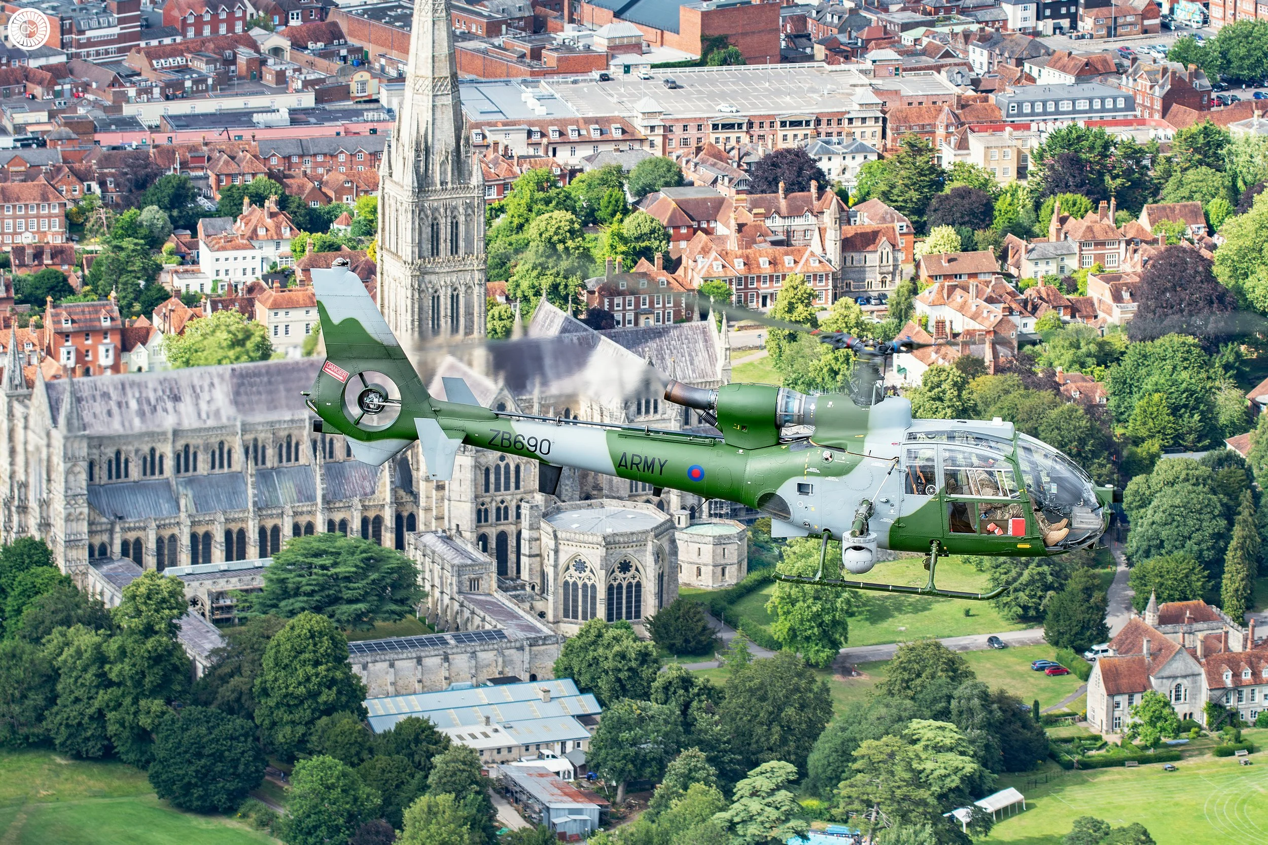 British UK Defence Army Air Corps Westland Aerospatiale Gazelle AH1 ZB690 ZB764 Middle Wallop Hampshire Salisbury Cathedral United Kingdom 7AAC 5AAC 665 Squadron Northern Ireland Aldergrove SA.341B Regiment Retirement 2023 Chris Melaisi air to air