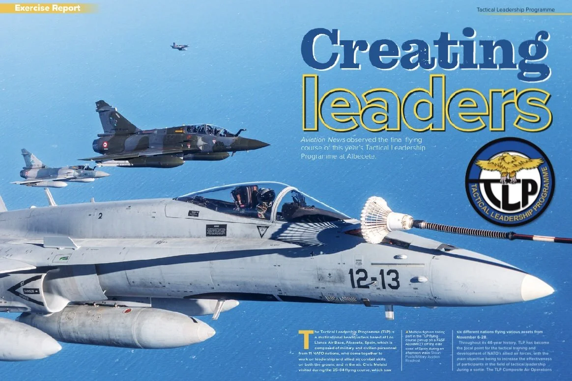 Military aircraft flying in formation over the ocean, with a large fighter jet in the foreground and smaller jets in the background. The image features an article about creating leaders through tactical leadership training.