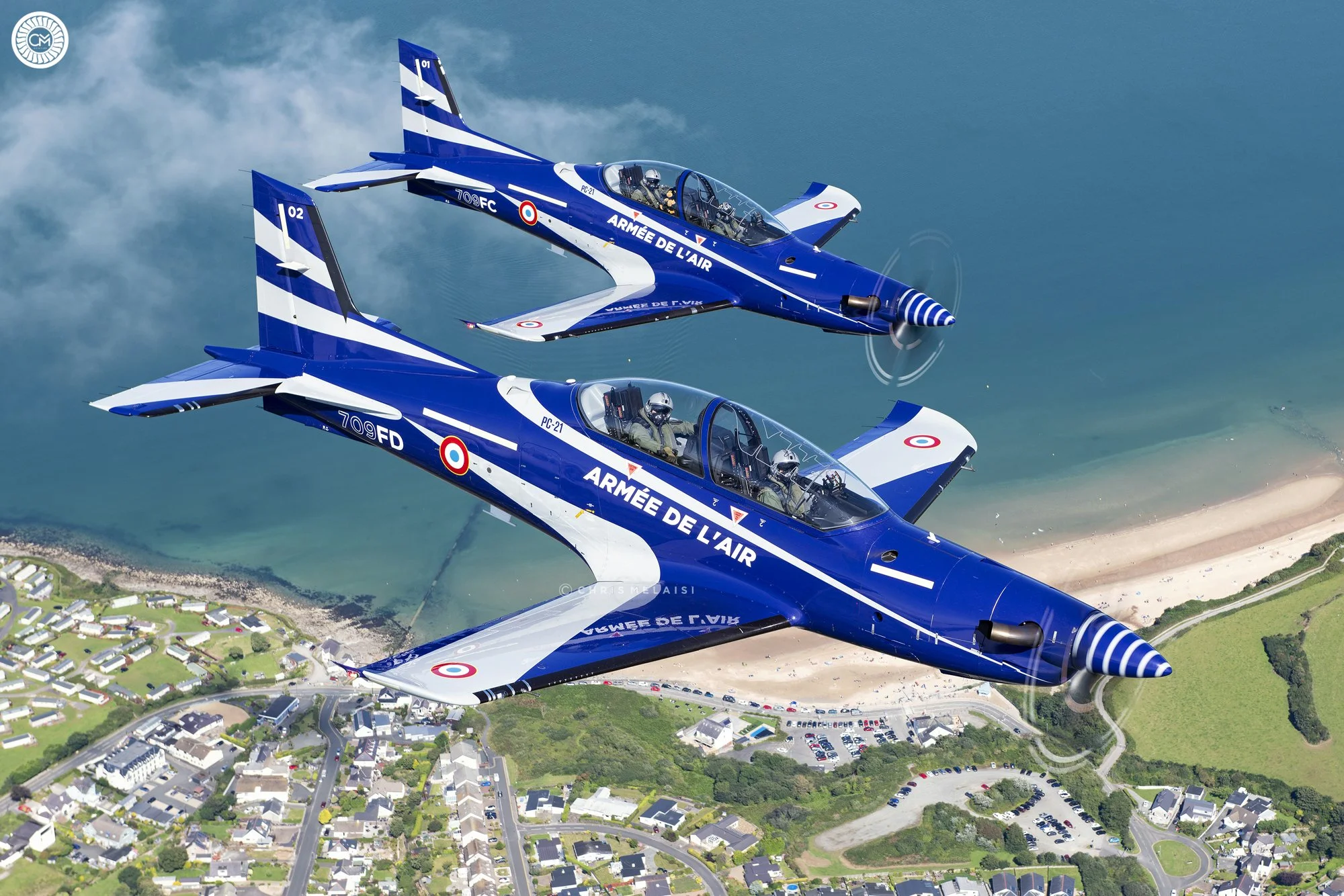 French Air Force Armee De l'air Pilatus PC-21 Training aircraft over Wales UK Beach 