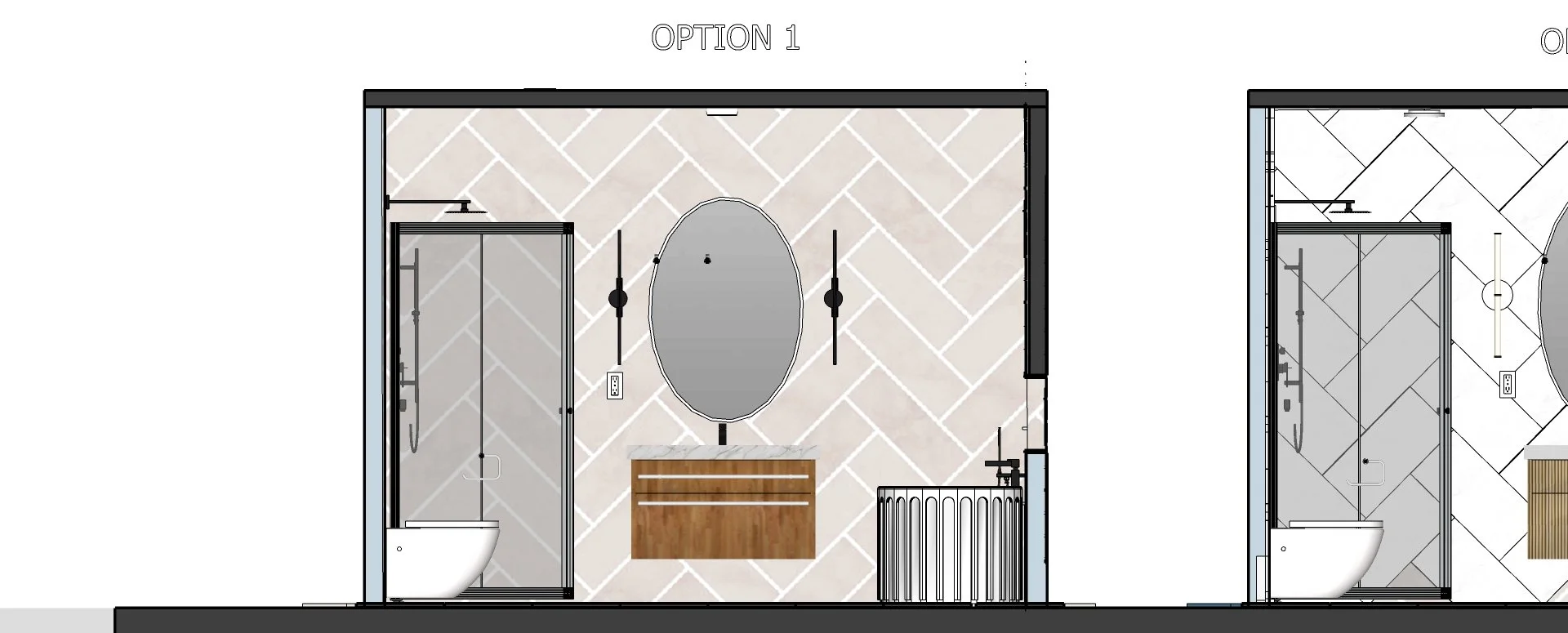 Floor plans of a bathroom showing a shower on the left, a toilet on the right, a large oval mirror in the center, and a small wooden bench in front of the mirror.