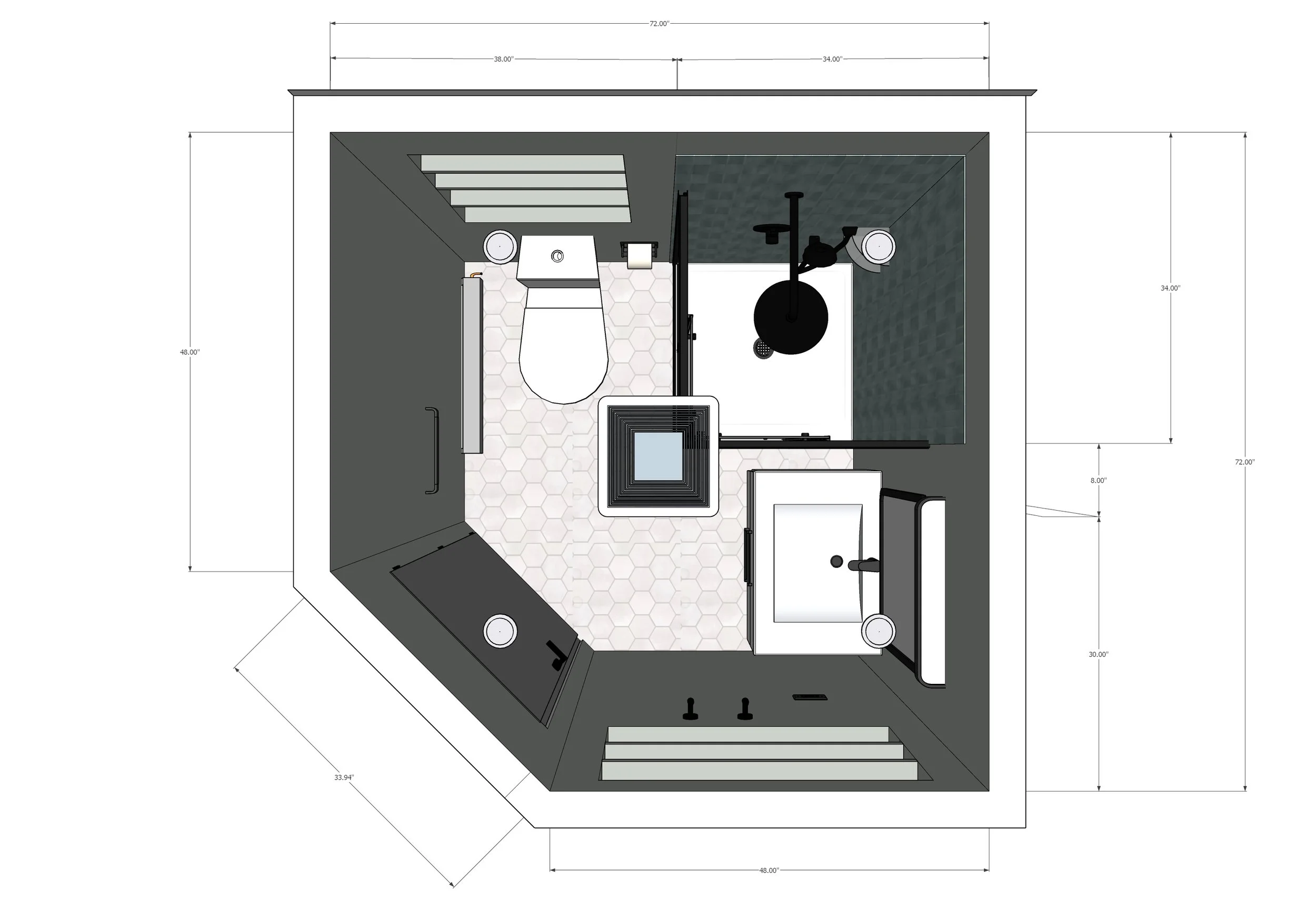 Top-down view of a small bathroom layout with a toilet, shower area, sink, and various measurements and details.