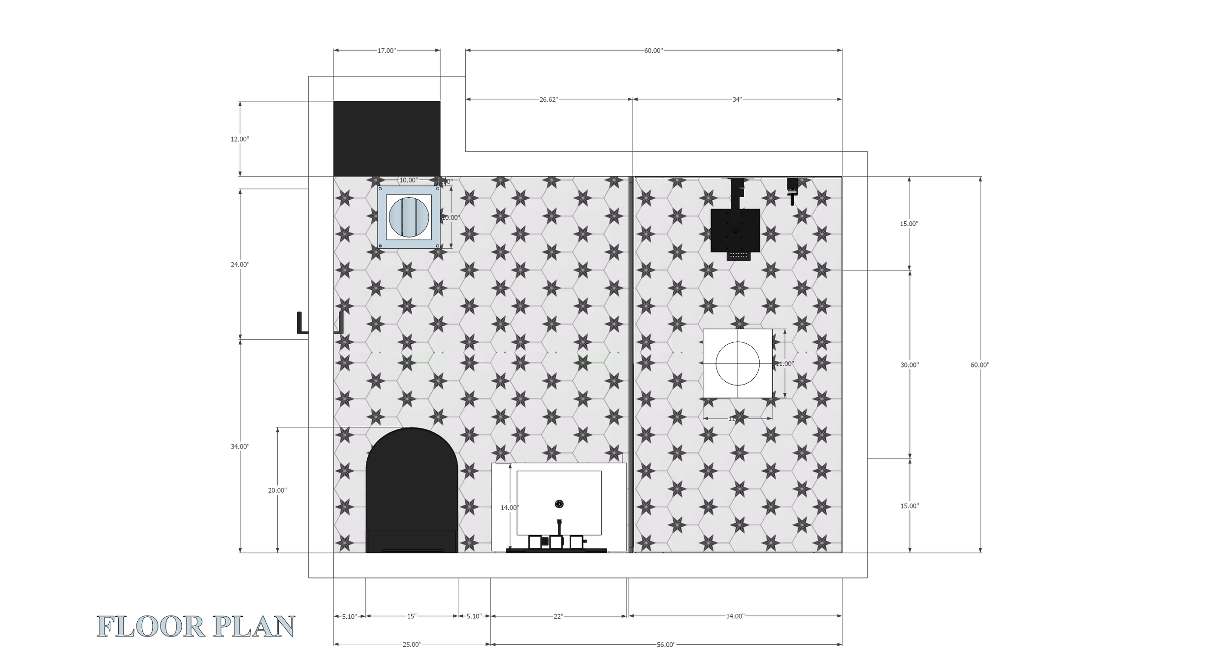 Floor plan drawing with detailed measurements, patterns, and fixtures.
