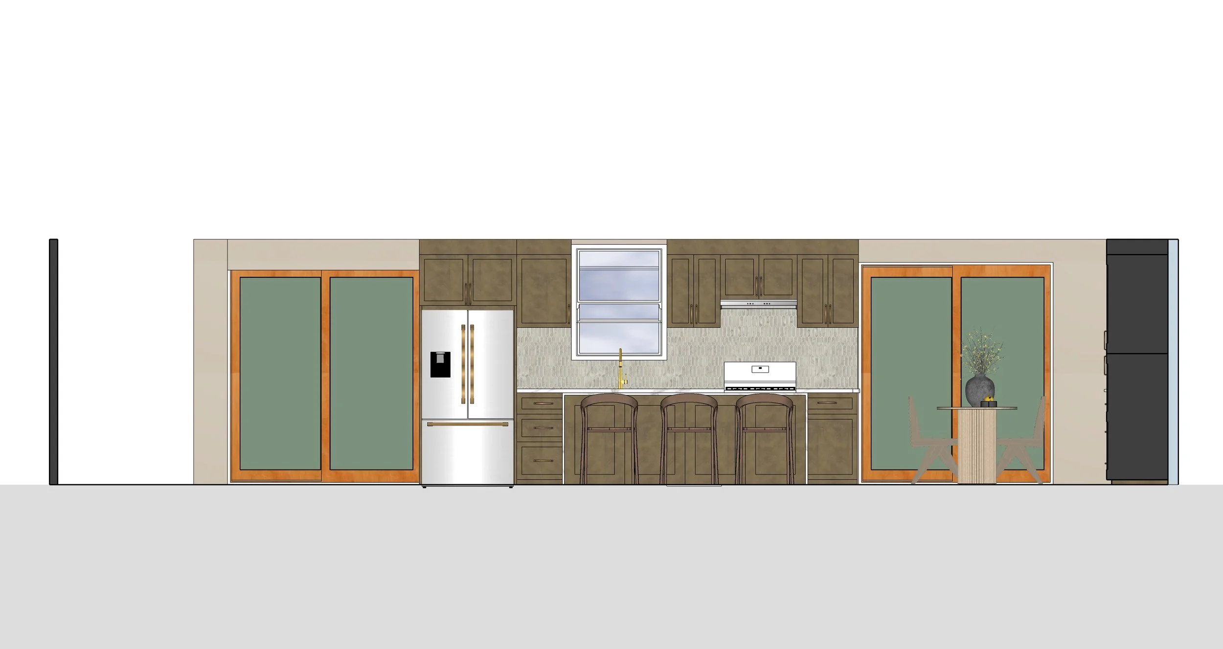 Kitchen interior with brown cabinets, stainless steel refrigerator, white stove, countertop with three chairs, sliding glass doors, and a window above the sink.