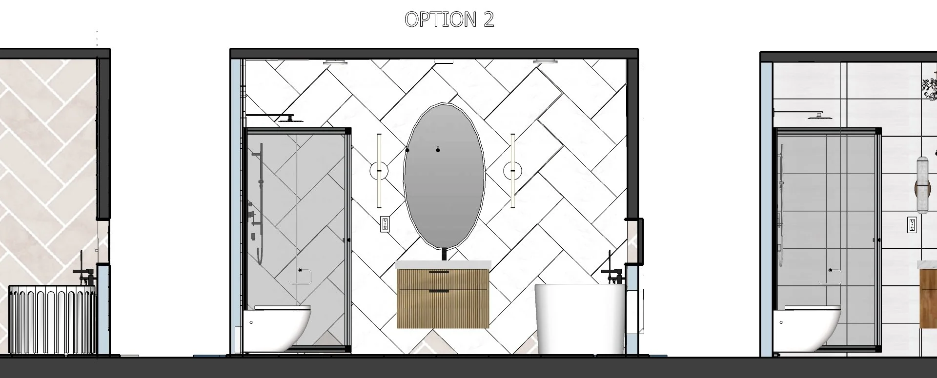 Floor plan for a bathroom named Option 2, showing a shower area on the left with a shower head, toilet, sink, large mirror, and a bathtub on the right.
