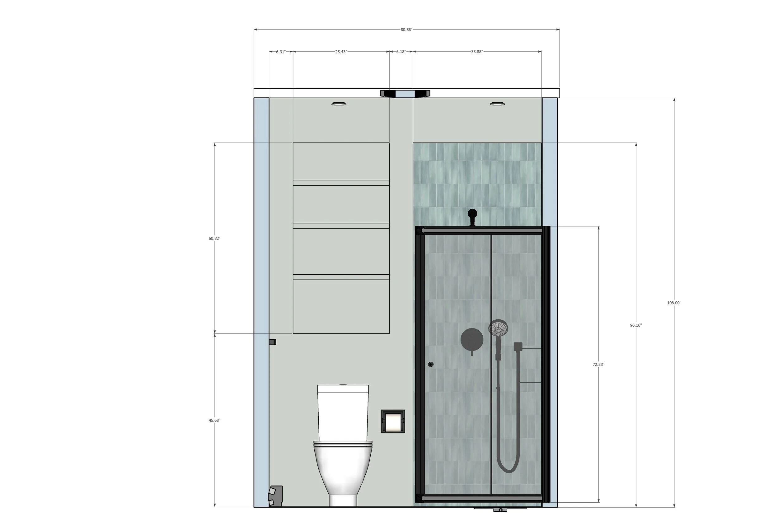 Architectural drawing of a bathroom with a shower, toilet, sink, and measurements.