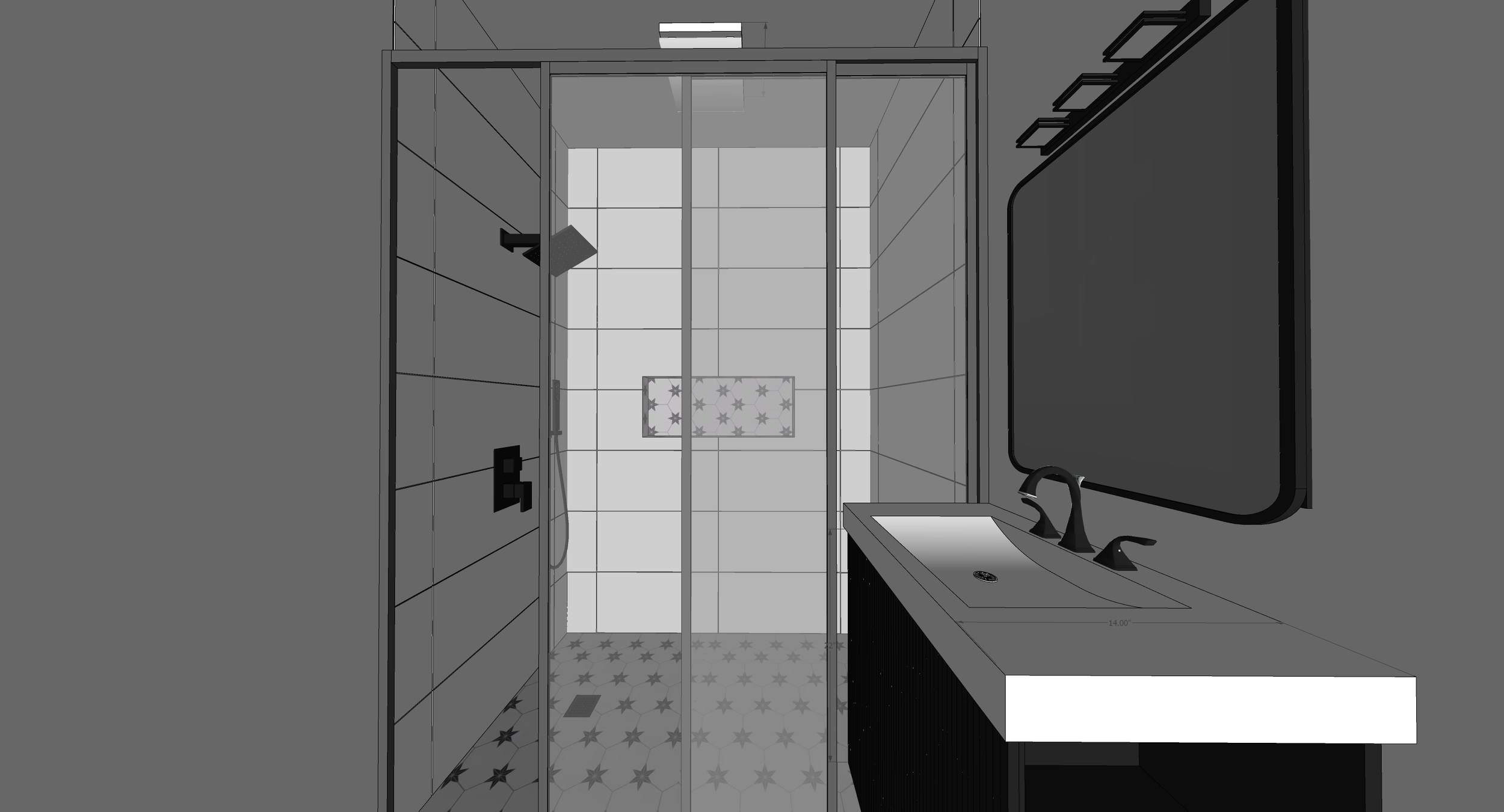 A bathroom with a glass shower enclosure, a black sink with a faucet, and a mirror above the sink. The shower has a rainfall showerhead and tiled walls. The floor has star-patterned tiles.