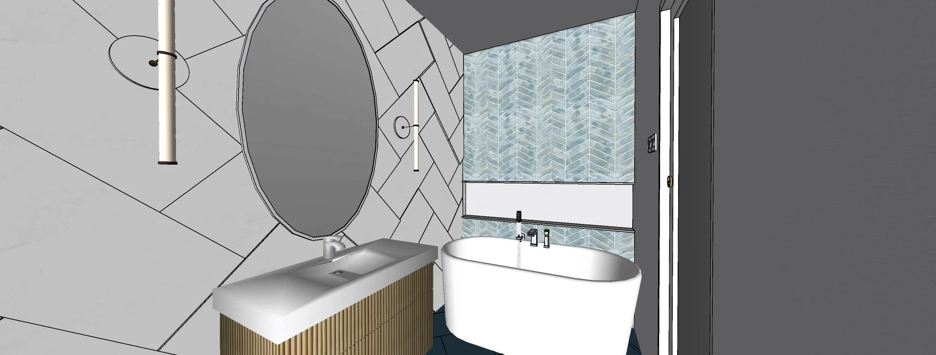 Interior view of a modern bathroom with an oval bathtub, a vanity with a sink, a large circular mirror, and blue tile accents on the wall.