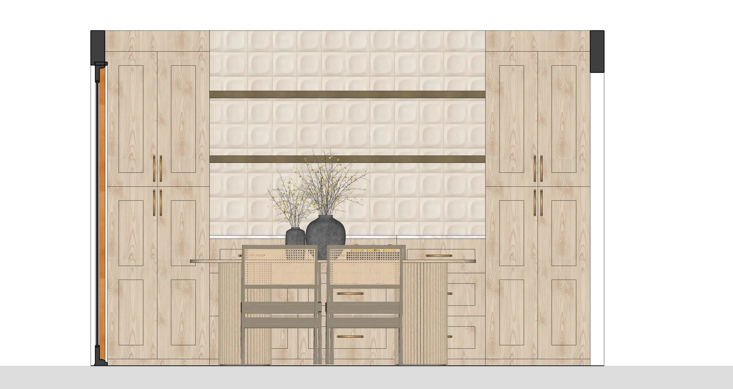 Interior design illustration featuring a wall with wooden cabinetry, two vases with branches on a table, and a textured wall with light-colored 3D tiles.
