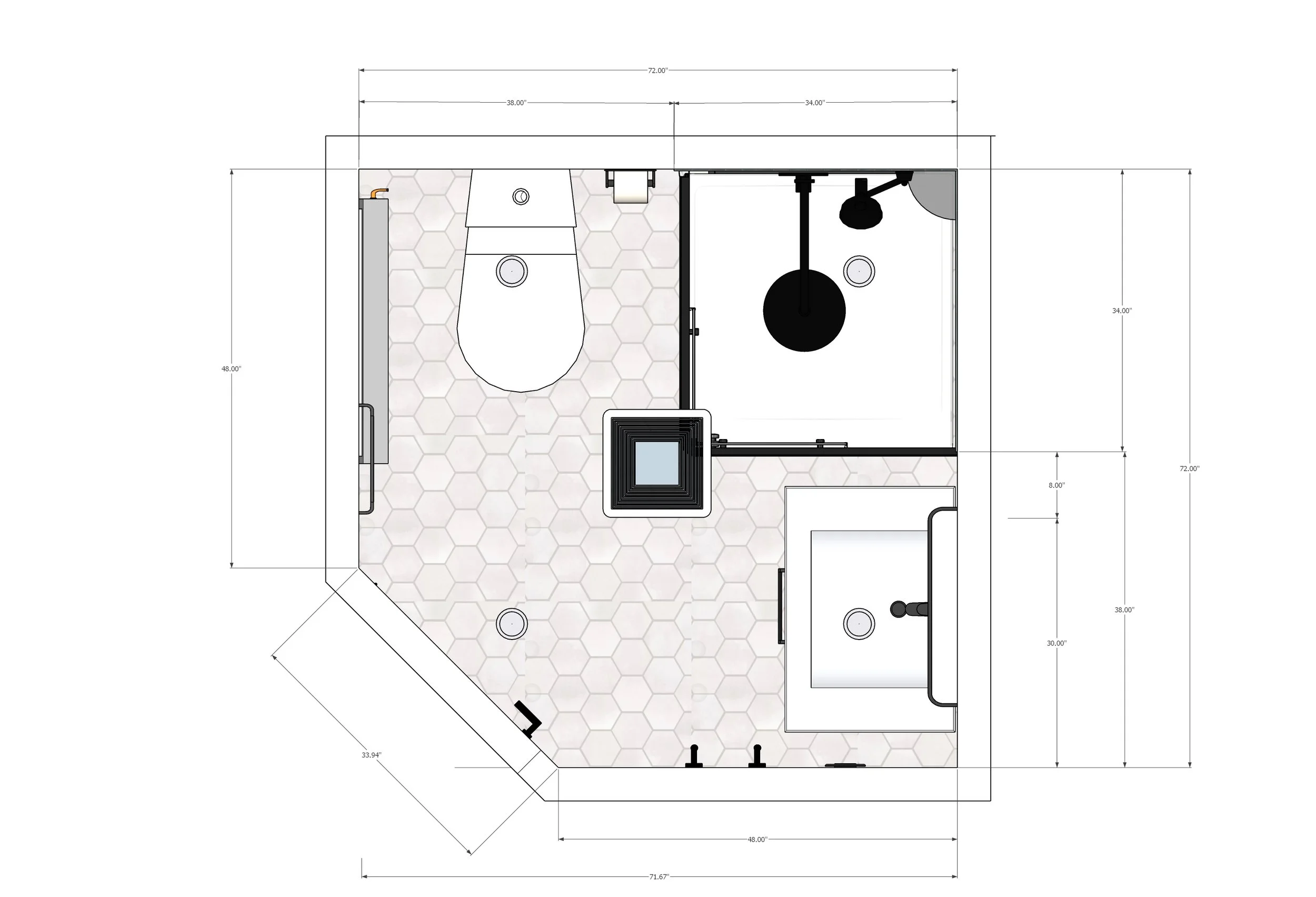 A technical floor plan of a bathroom, including a toilet, a shower area, a small sink with a mirror, and various measurements for layout and space dimensions.