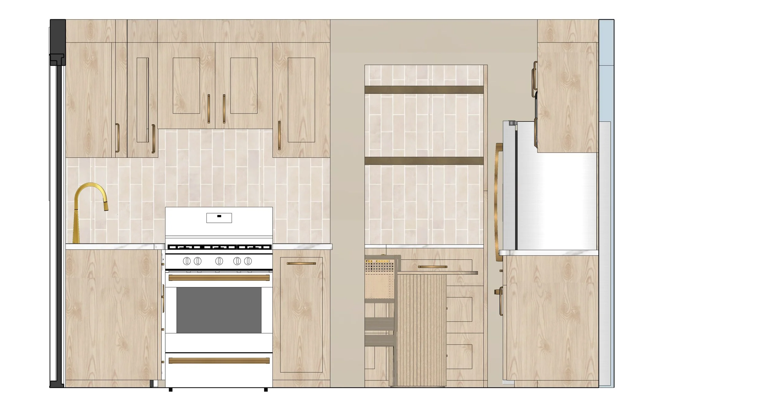 A top-down view of a modern kitchen layout with light wood cabinets, a white stove, a stainless steel refrigerator, a gold faucet, and beige tiled floors.