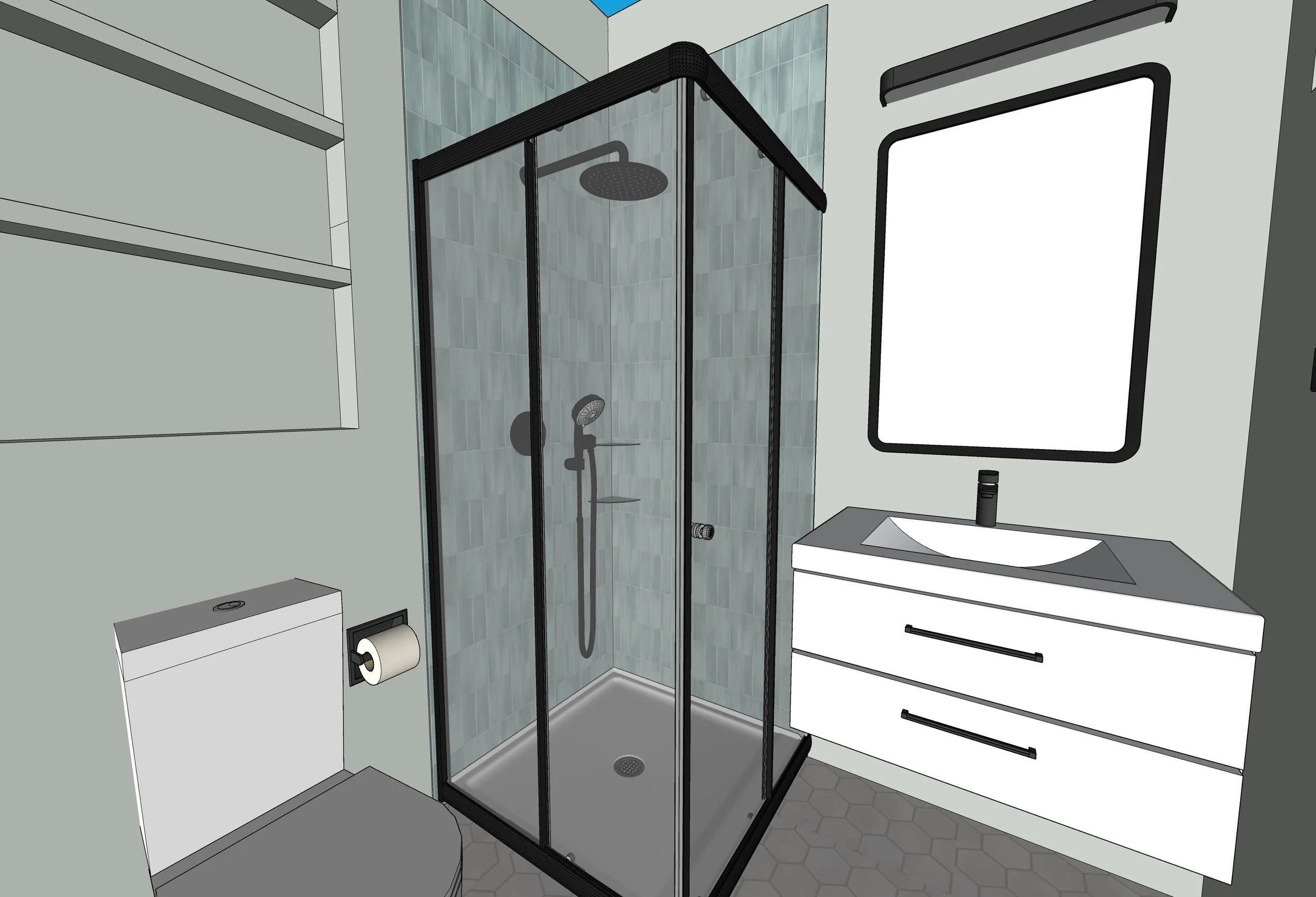 A small bathroom with a corner shower enclosure with black framing and a rainfall showerhead. There is a white cabinet with a toilet paper roll, a rectangular mirror above a sink, and gray hexagon tiles on the floor.