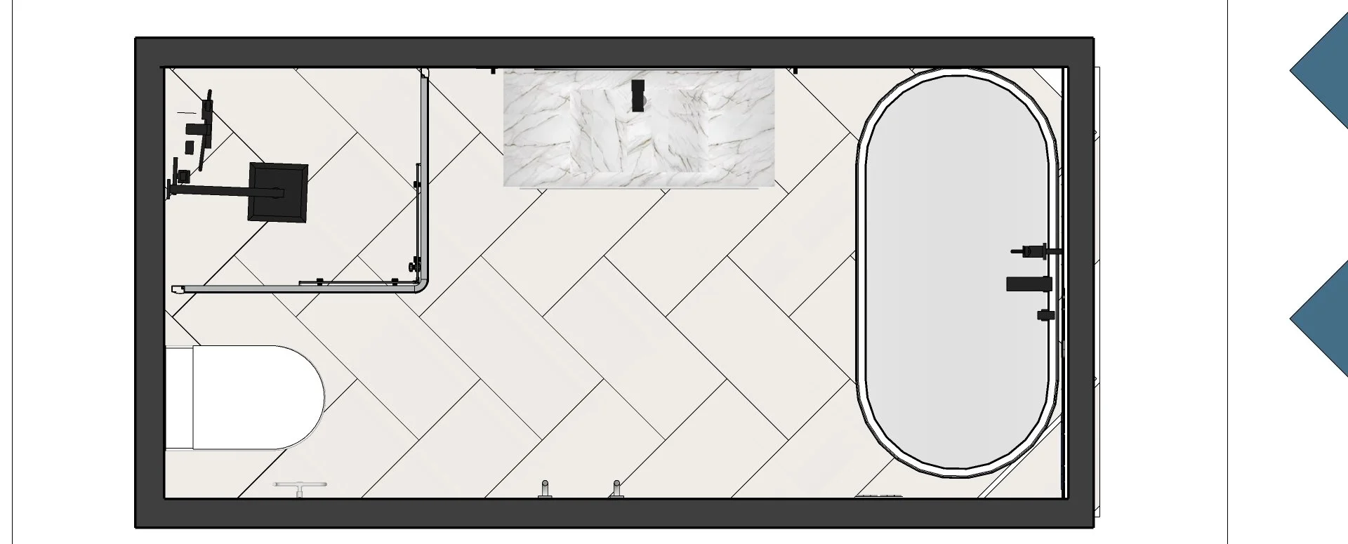 Top-down view of a modern bathroom with a walk-in shower, a large bathtub, a double sink vanity, and toilet.