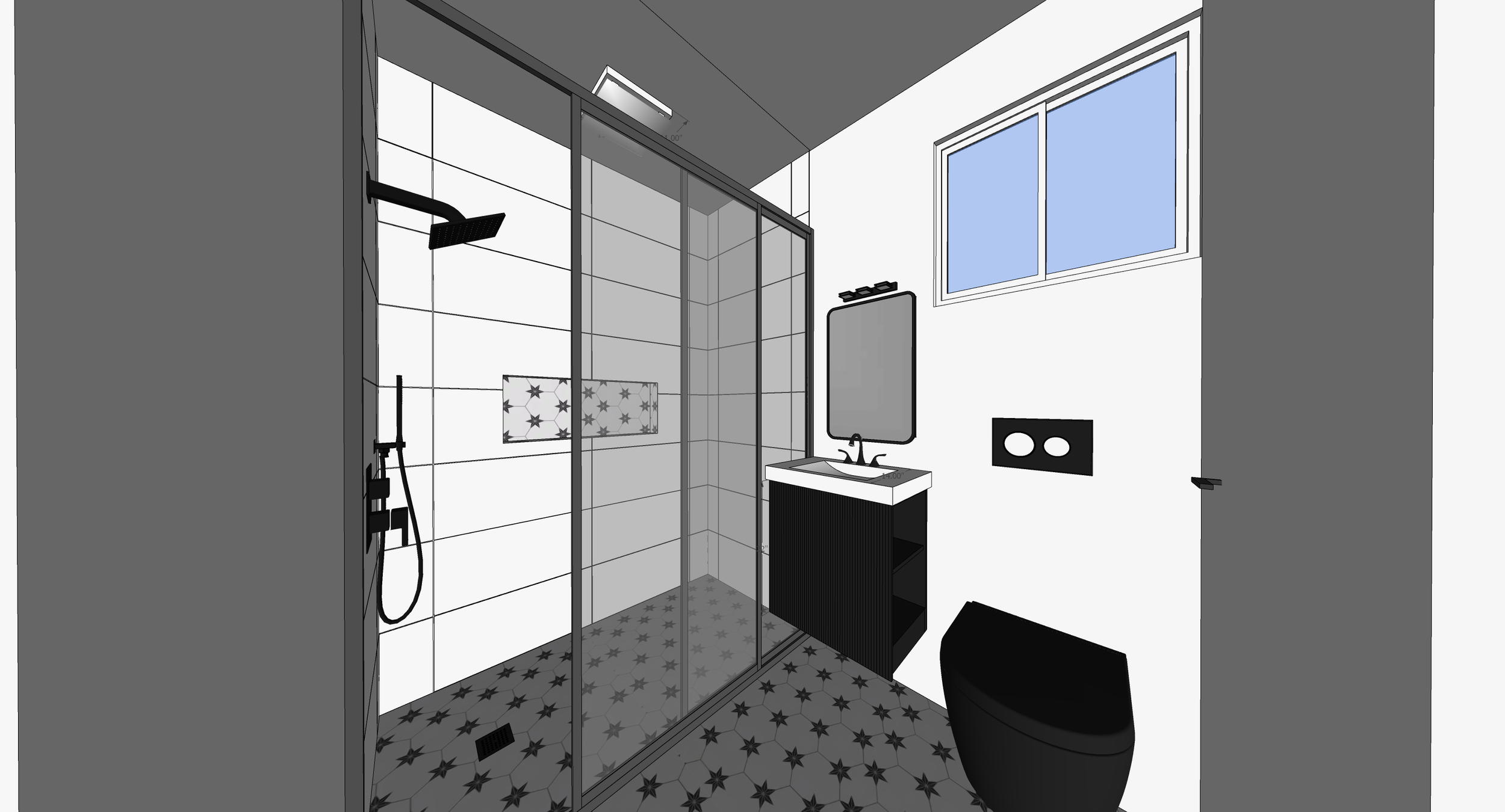 A modern bathroom with a glass enclosed shower, black fixtures, a black vanity with a mirror, and a window with blue sky outside.