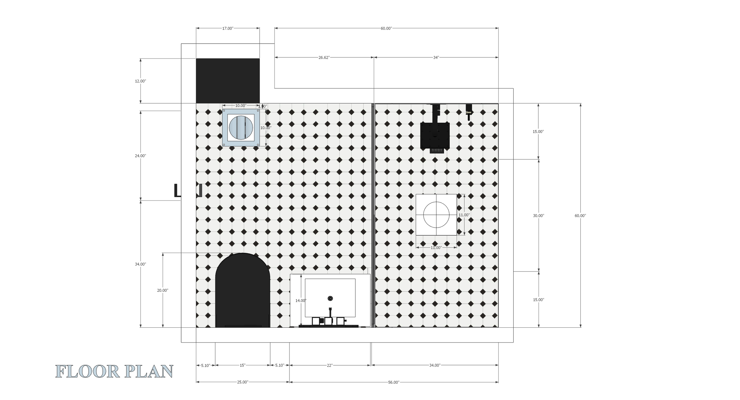 Architectural floor plan with measurements and room layouts, including areas for a kitchen, dining, living room, and bathroom.