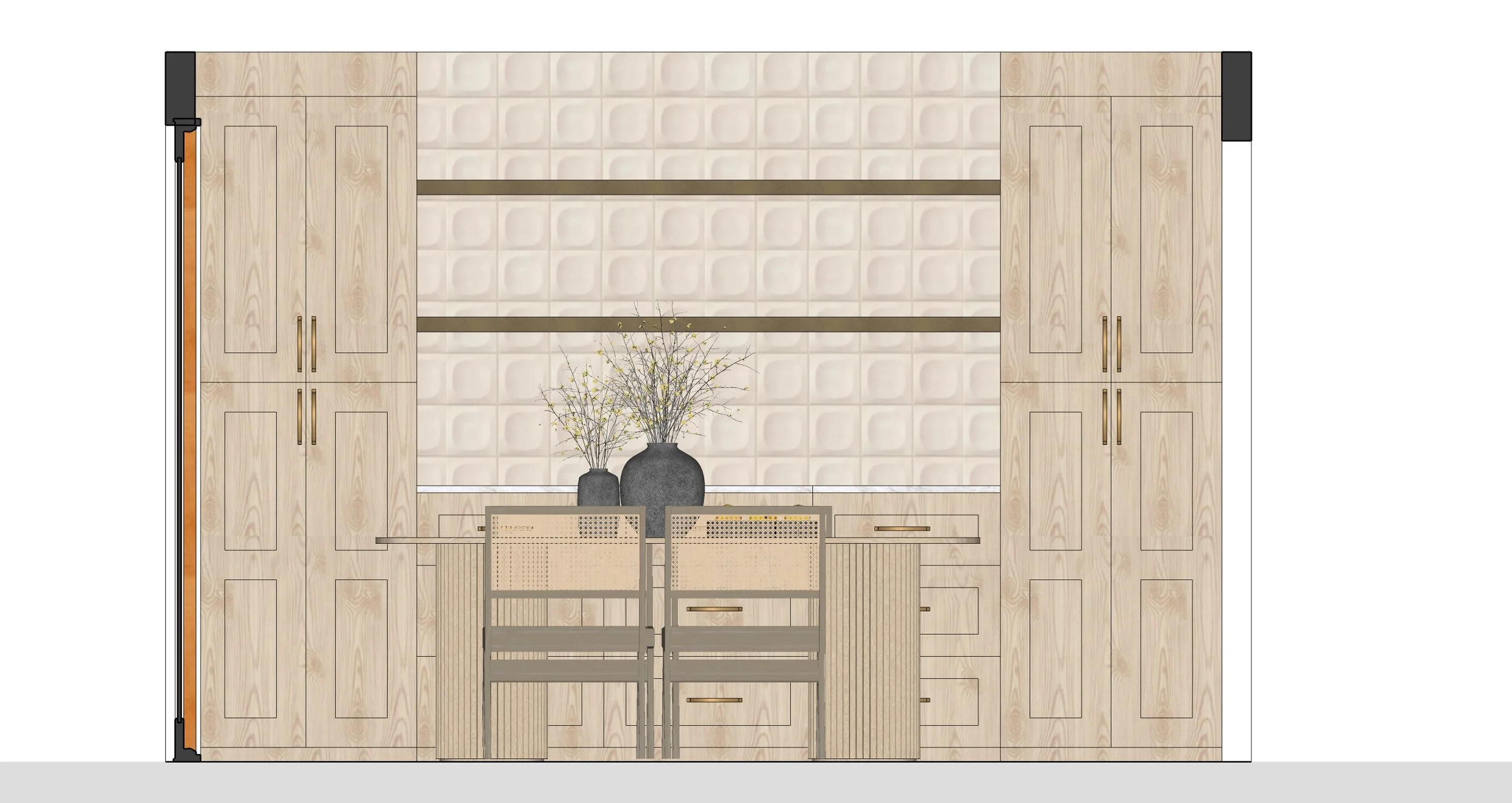 Interior design concept with wood cabinets, a wall with square patterned tiles, two black vases with branches on a table, and two chairs in front.