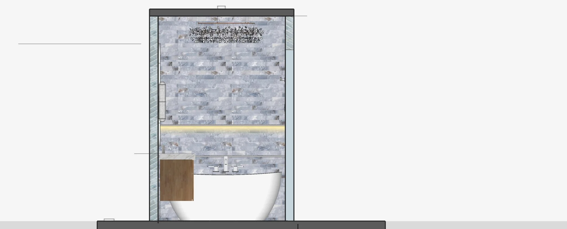 Bathroom design sketch featuring a freestanding bathtub, wooden vanity, textured wall tiles, glass shower enclosure, and decorative chandelier light fixture.