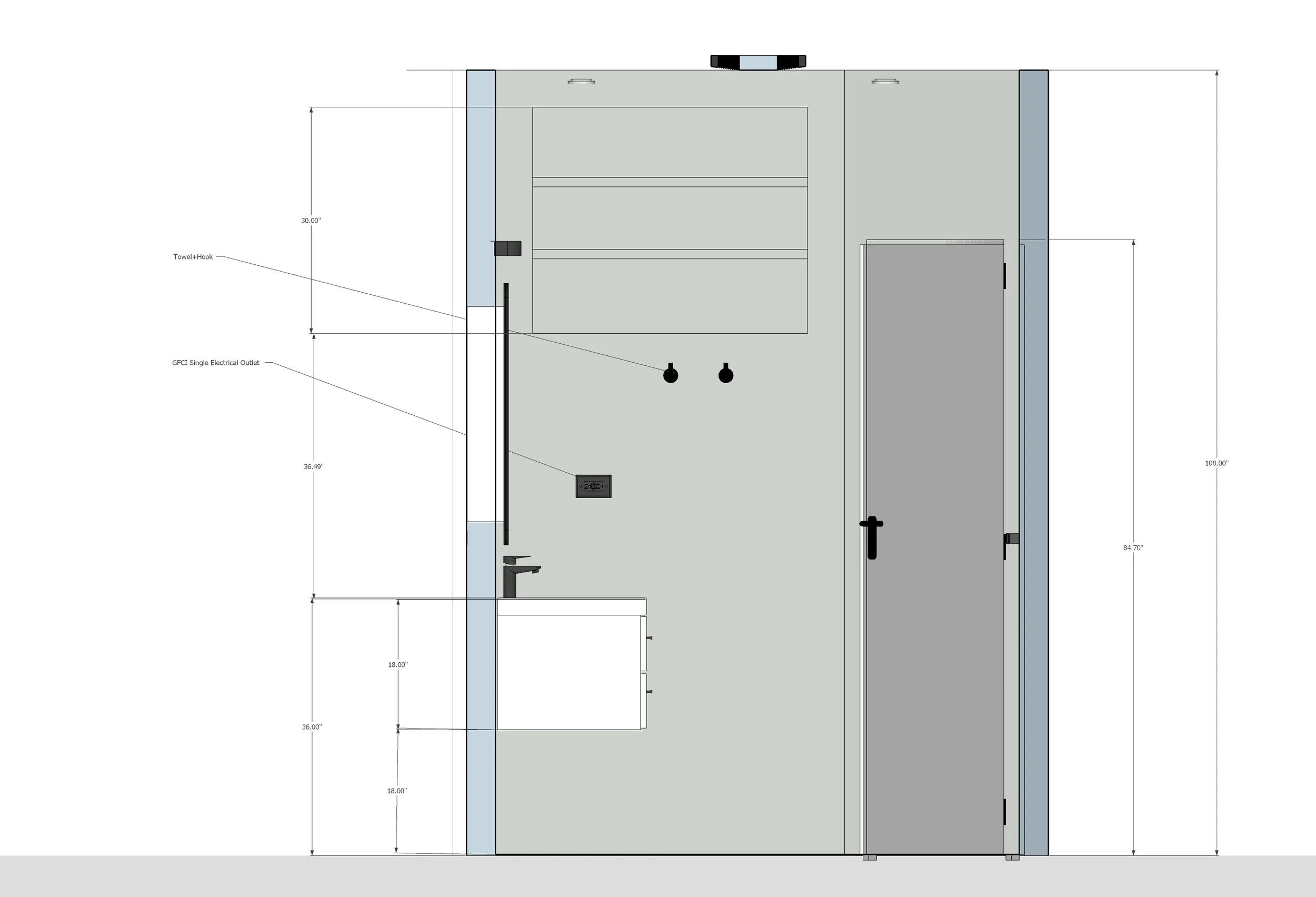 Technical drawing of an elevator front view showing measurements, door handles, electrical outlet, and labeled components.