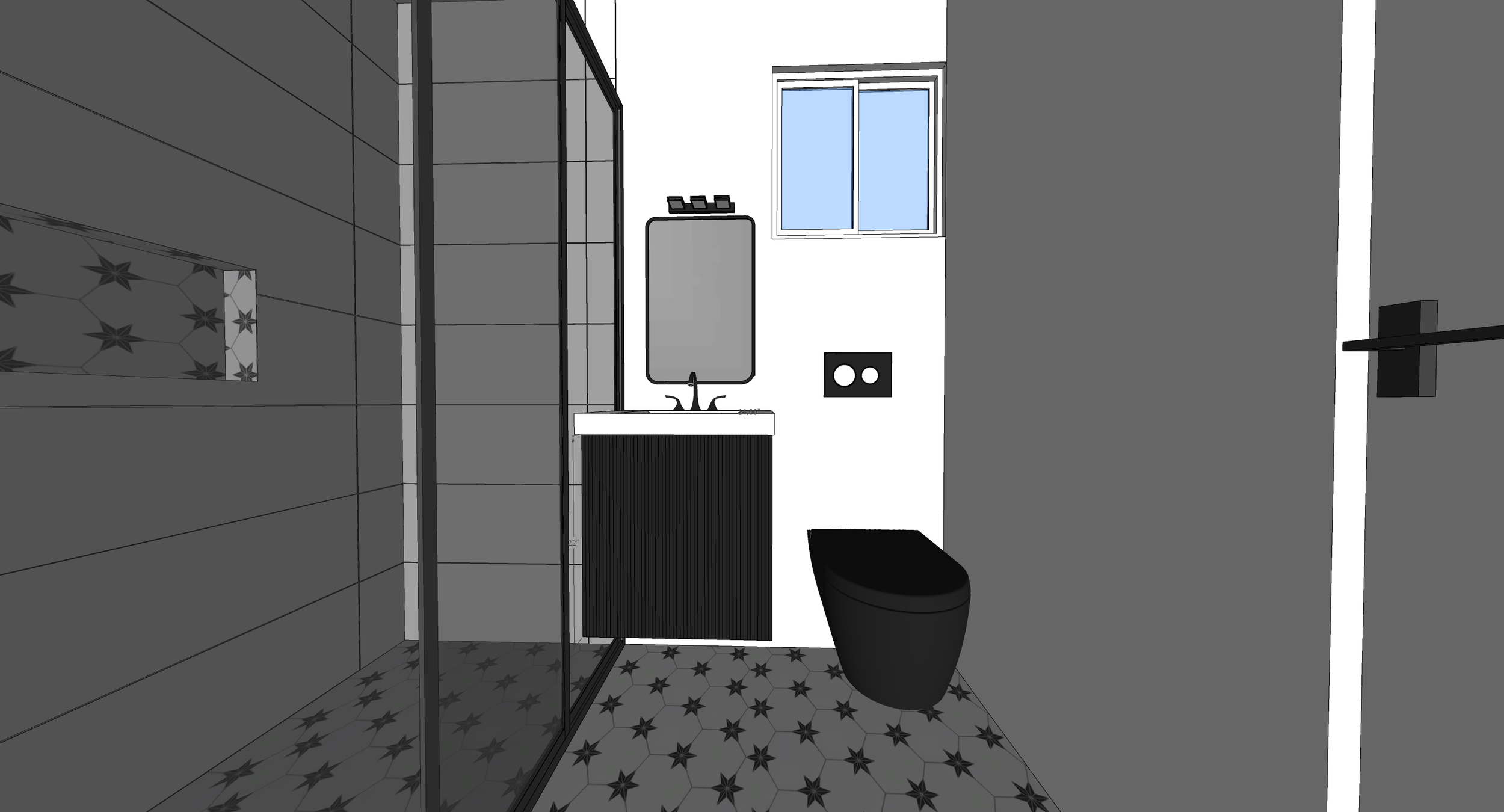 A modern bathroom with gray and white tiles, a black toilet, a small black vanity with a mirror, a window, and star-patterned floor tiles.