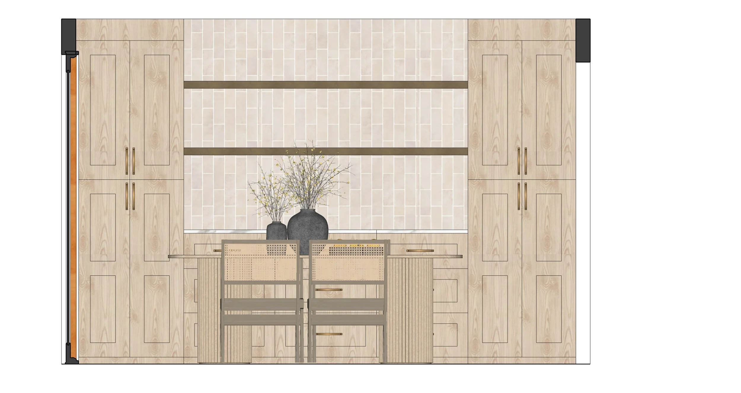 Top-down view of a modern room with wooden cabinetry, a tiled wall, a table with two chairs, and decorative vases with branches.
