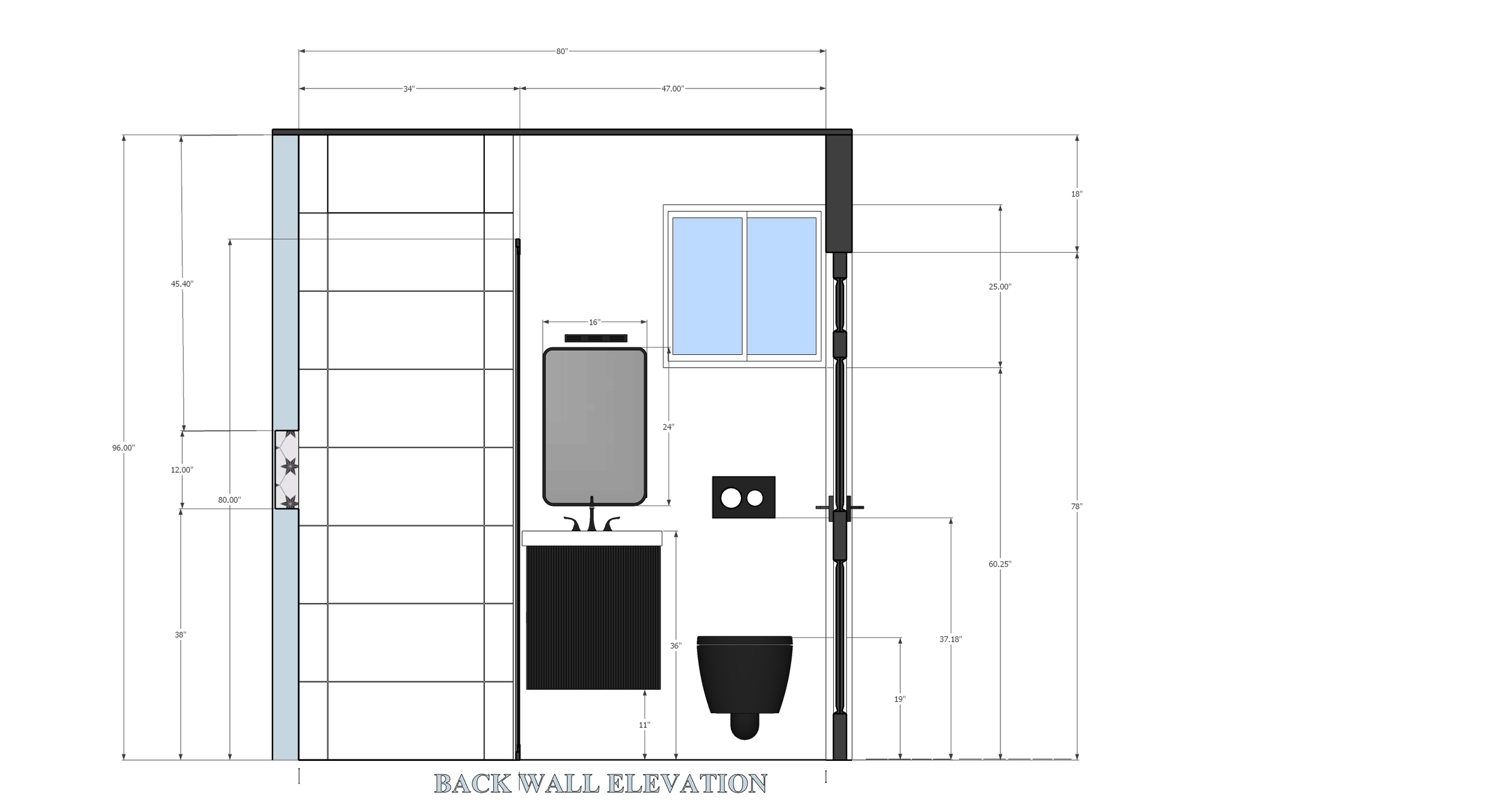 Architectural drawing of a bathroom back wall elevation with measurements and fixtures, including a toilet, sink, window, and tiled wall section.