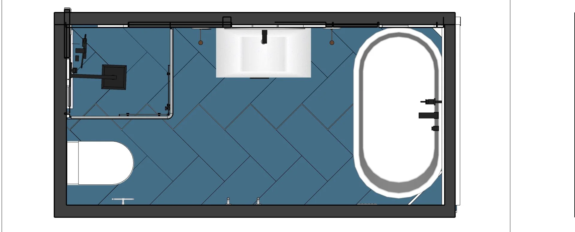 Top-down view of a modern bathroom featuring a toilet in the bottom left corner, a shower area with a glass enclosure on the left wall, a large bathtub on the right side, and a sink with a vanity mirror on the top wall.