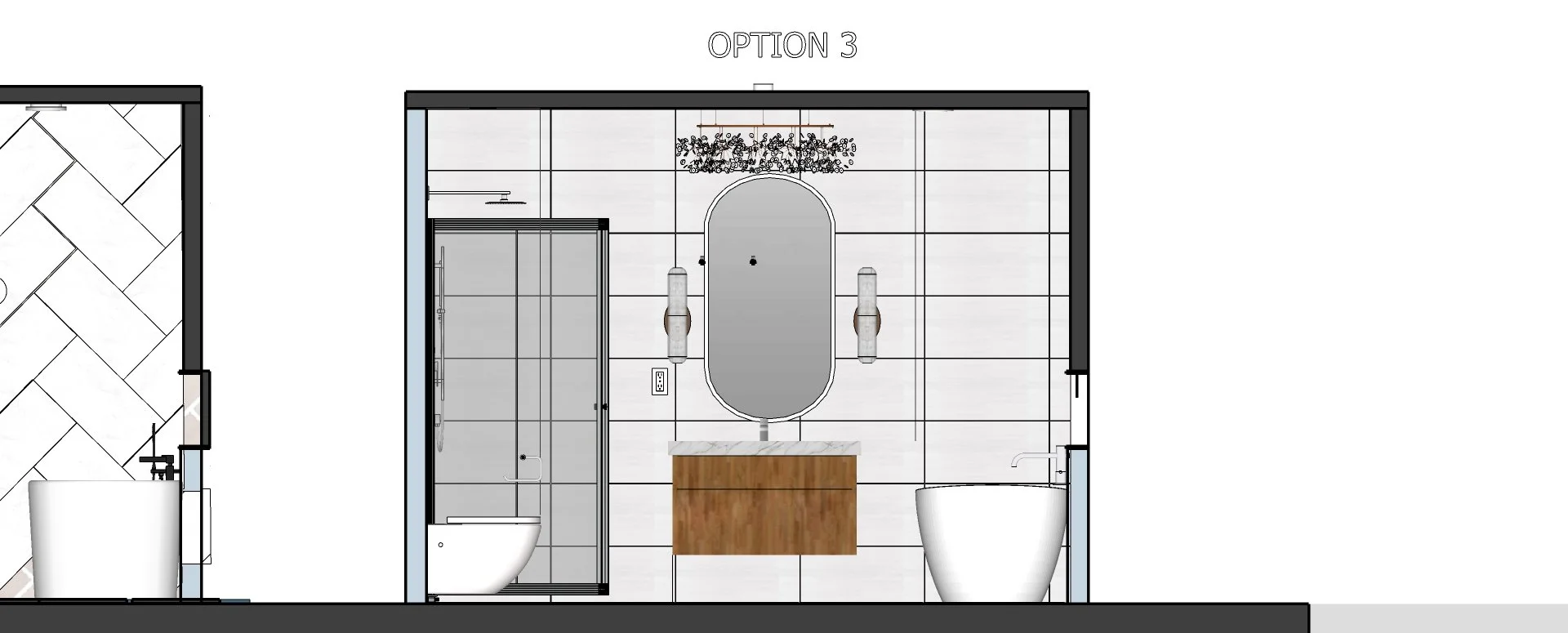 A bathroom design with a shower, toilet, bidet, marble vanity, large mirror, wall-mounted light fixtures, and a chandelier.