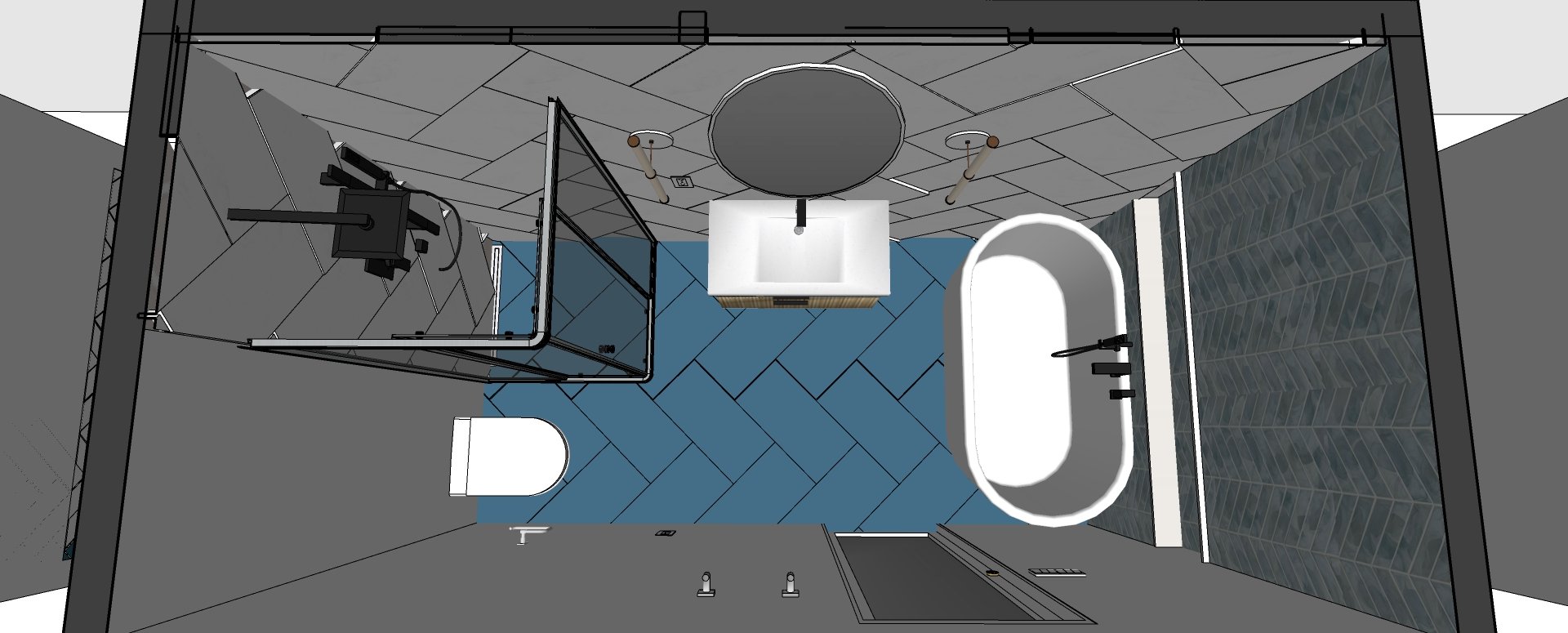 Top-down view of a modern bathroom with a bathtub, toilet, and glass shower enclosure with a black frame.