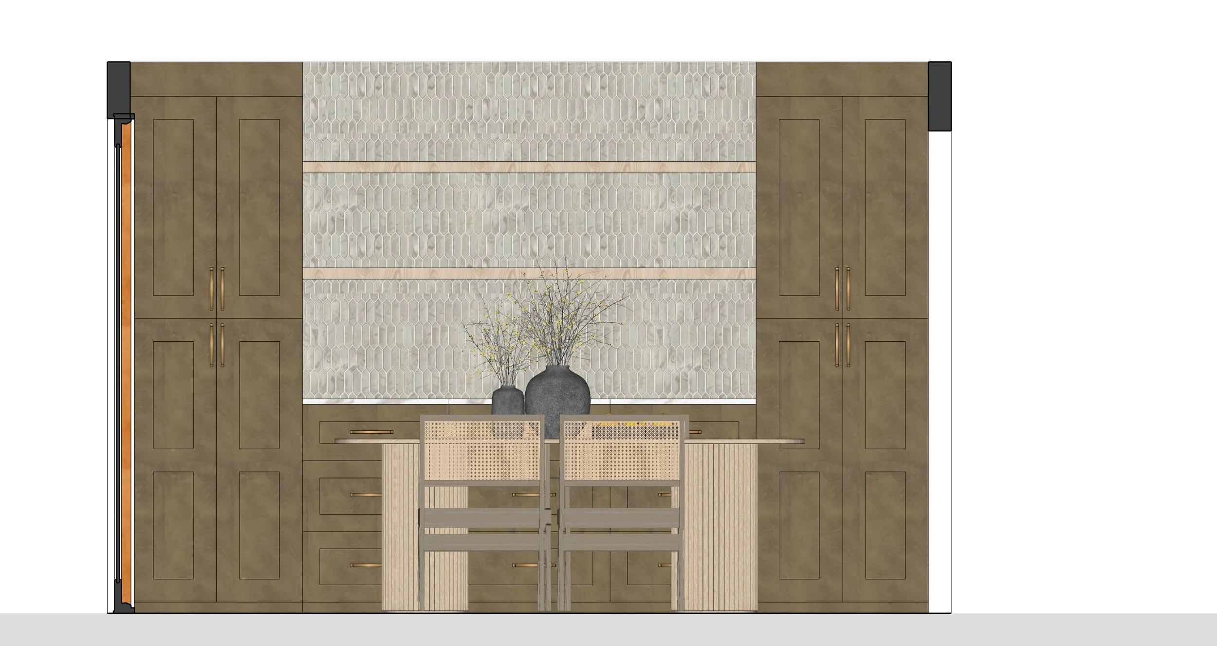 Interior design layout with storage cabinets, a wall with textured tiles, a table with chairs, and vases with branches.