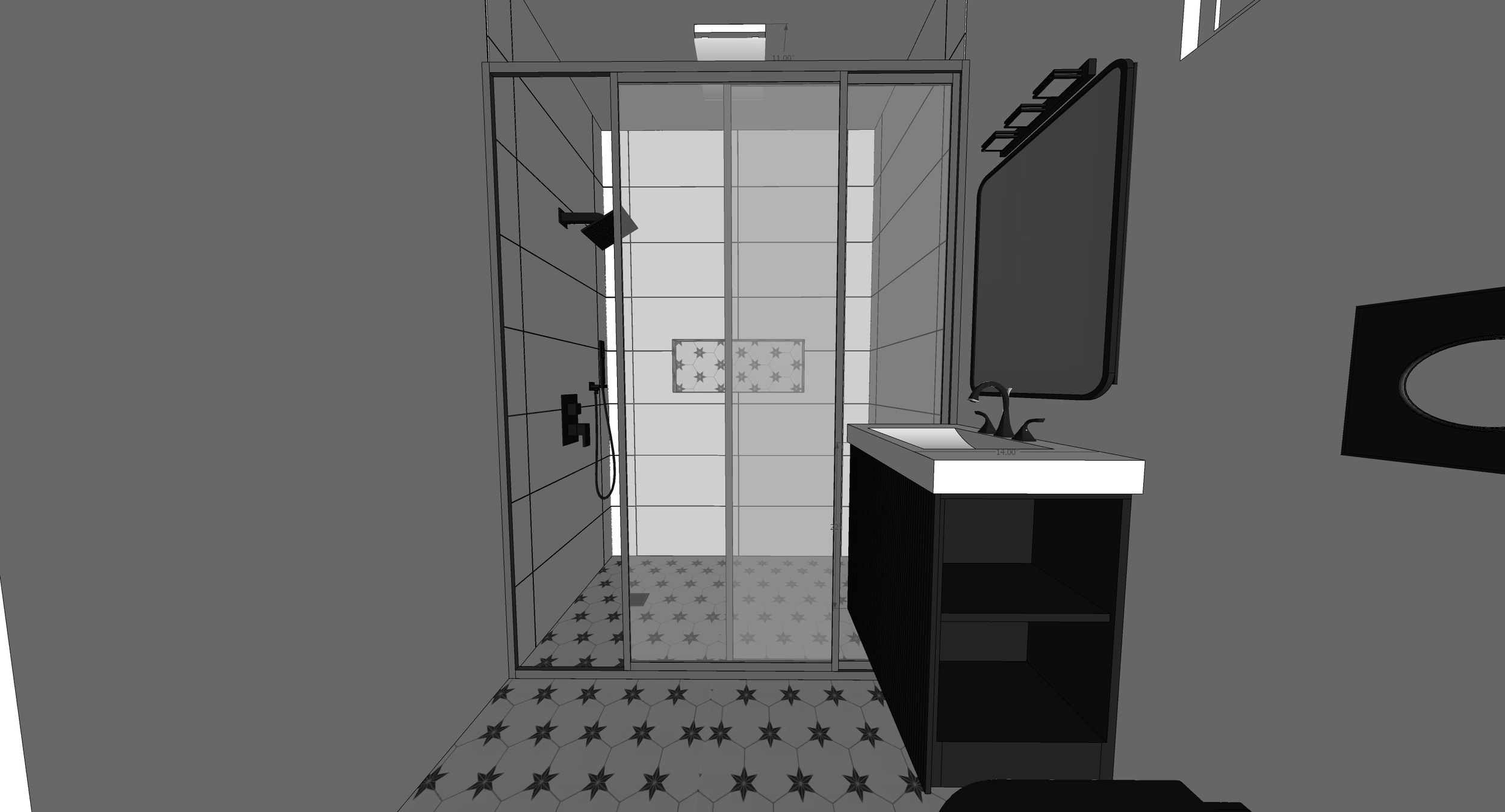 A black-and-white digital rendering of a modern bathroom with a shower stall, a sink with a cabinet, a mirror, and a window.