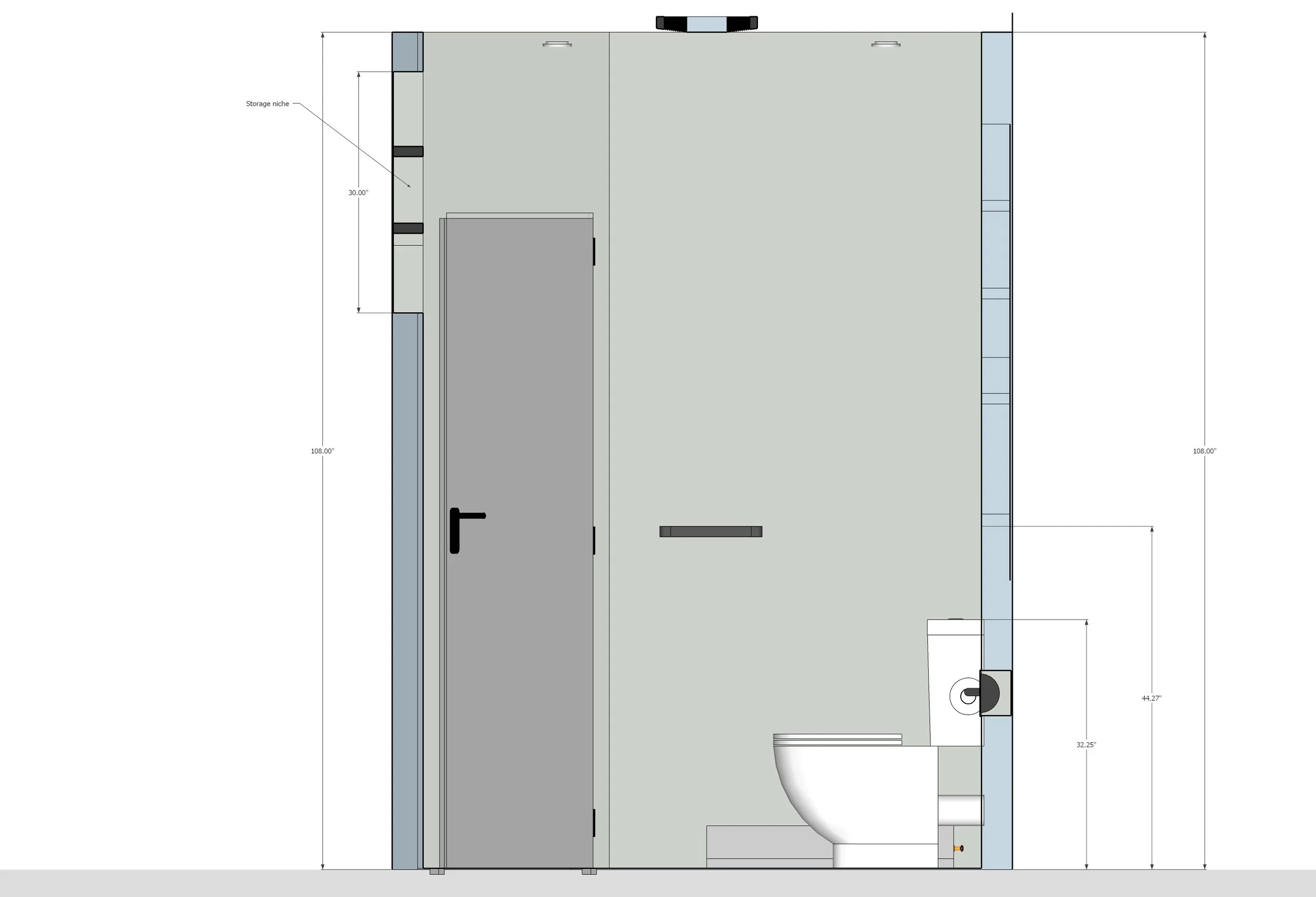 A detailed architectural floor plan of a room with dimensions, a door, and various fixtures including a storage niche and a toilet.