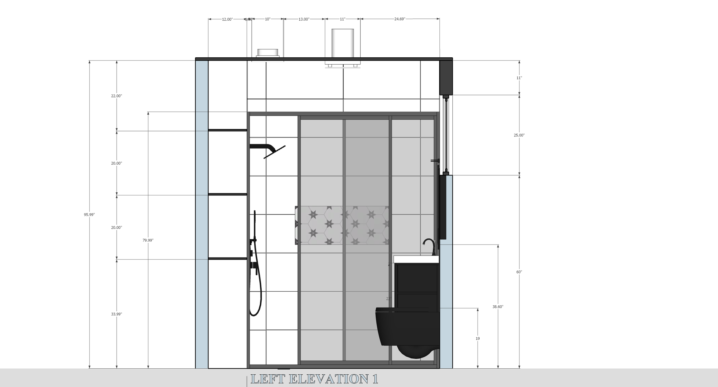 Architectural drawing of a bathroom shower enclosure with dimensions and fixtures, including a showerhead, shelving, and a toilet.
