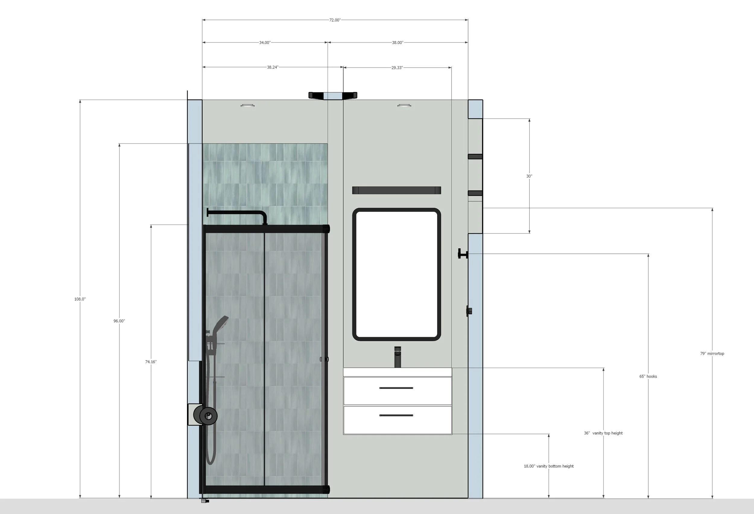 Architectural floor plan of a bathroom including a walk-in shower, vanity area, mirror, hooks, and cabinetry with measurements.