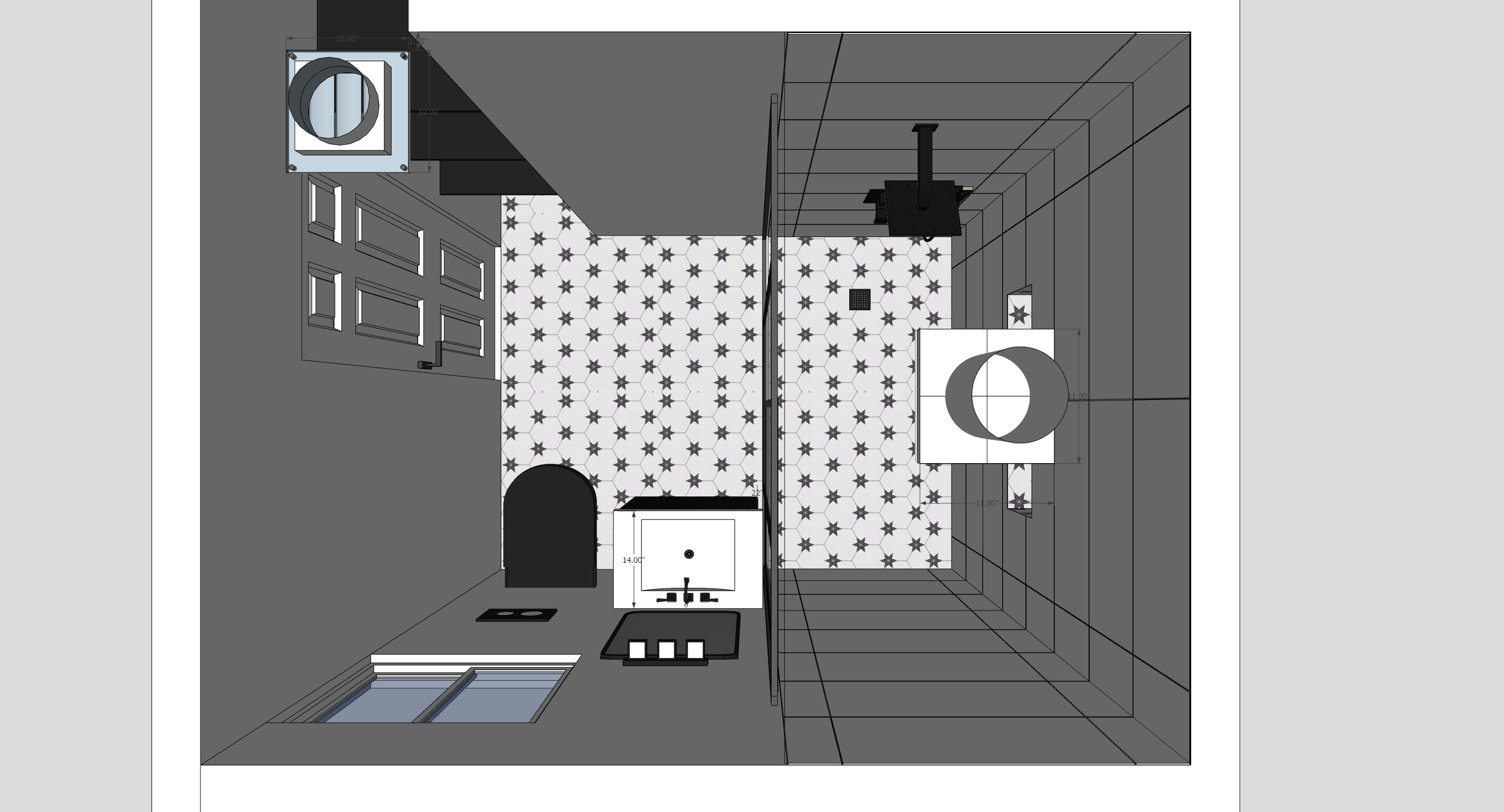 Architectural floor plan of a small bathroom featuring a toilet, a sink with a mirror, a walk-in shower with a glass door, and a window.