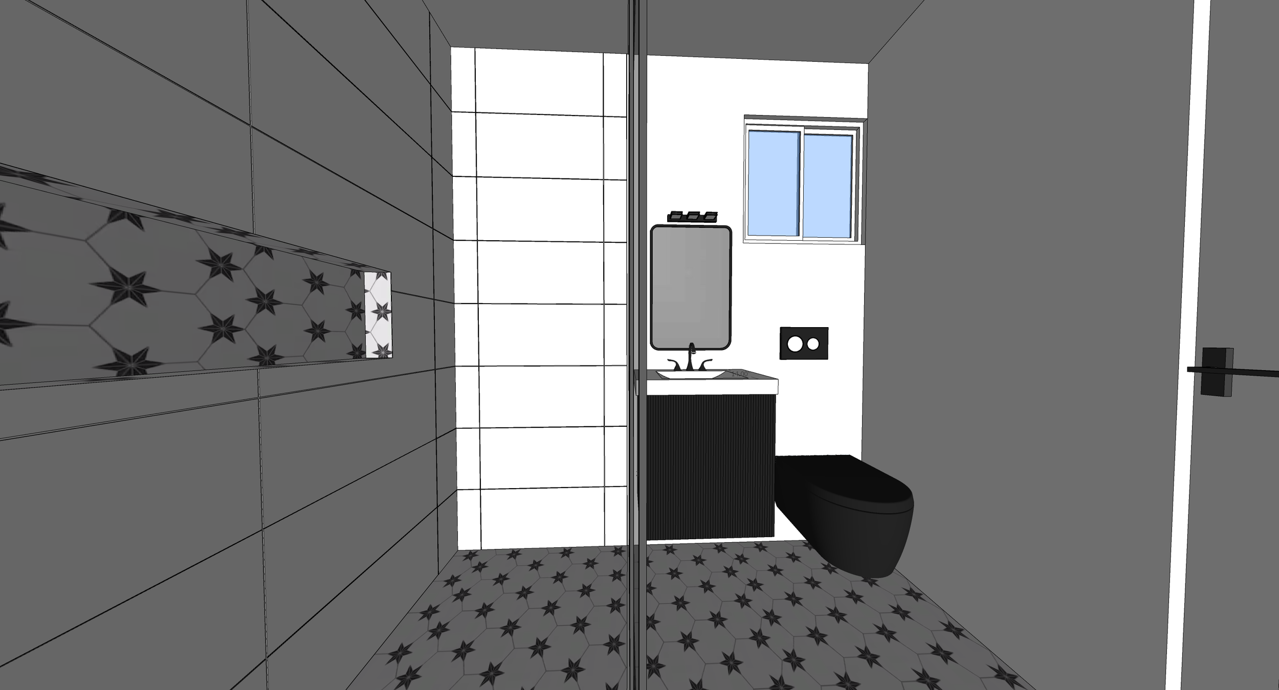 A modern bathroom with a black toilet, a small sink with a black cabinet, a mirror, a window, and black star-patterned floor tiles.