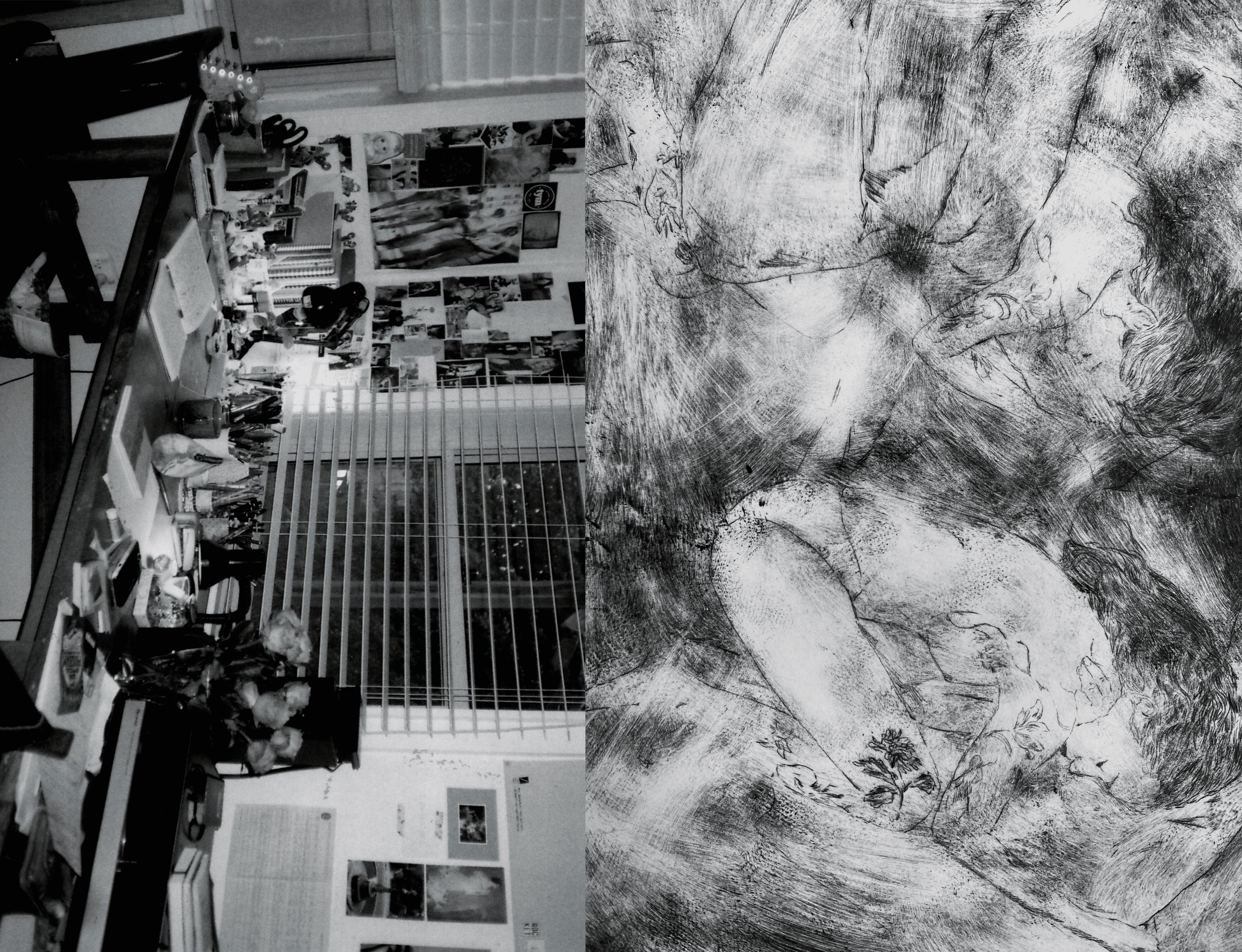 Black-and-white artwork by Nina Seeburg.