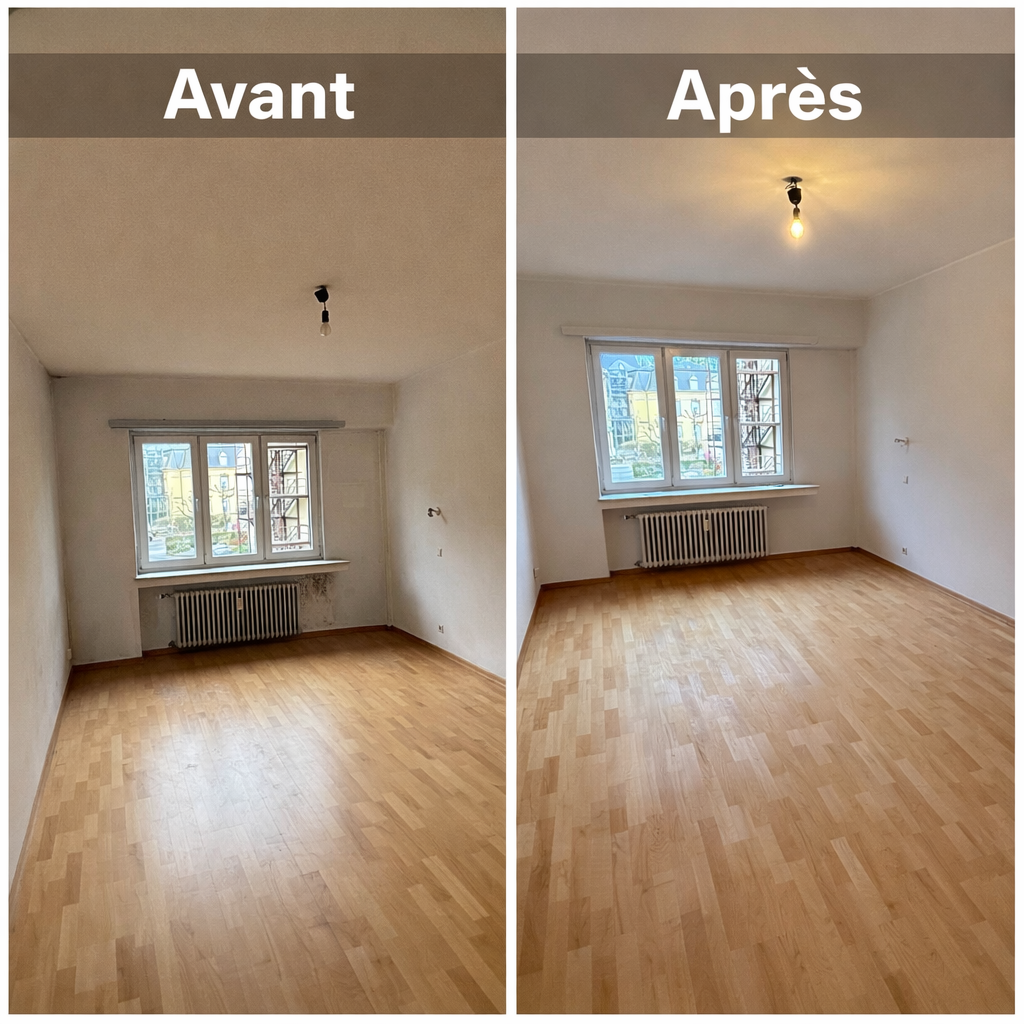 Avant et après rénovation d'une pièce, montrant une pièce vide avec un plafond nu et un sol en parquet, une fenêtre et un radiateur.