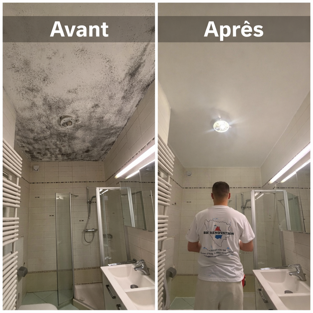 Comparaison d'une salle de bain avant et après la rénovation. À gauche, le plafond est couvert de moisissure noire, à droite, le plafond est propre et peint en blanc, avec un homme regardant vers le plafond.
