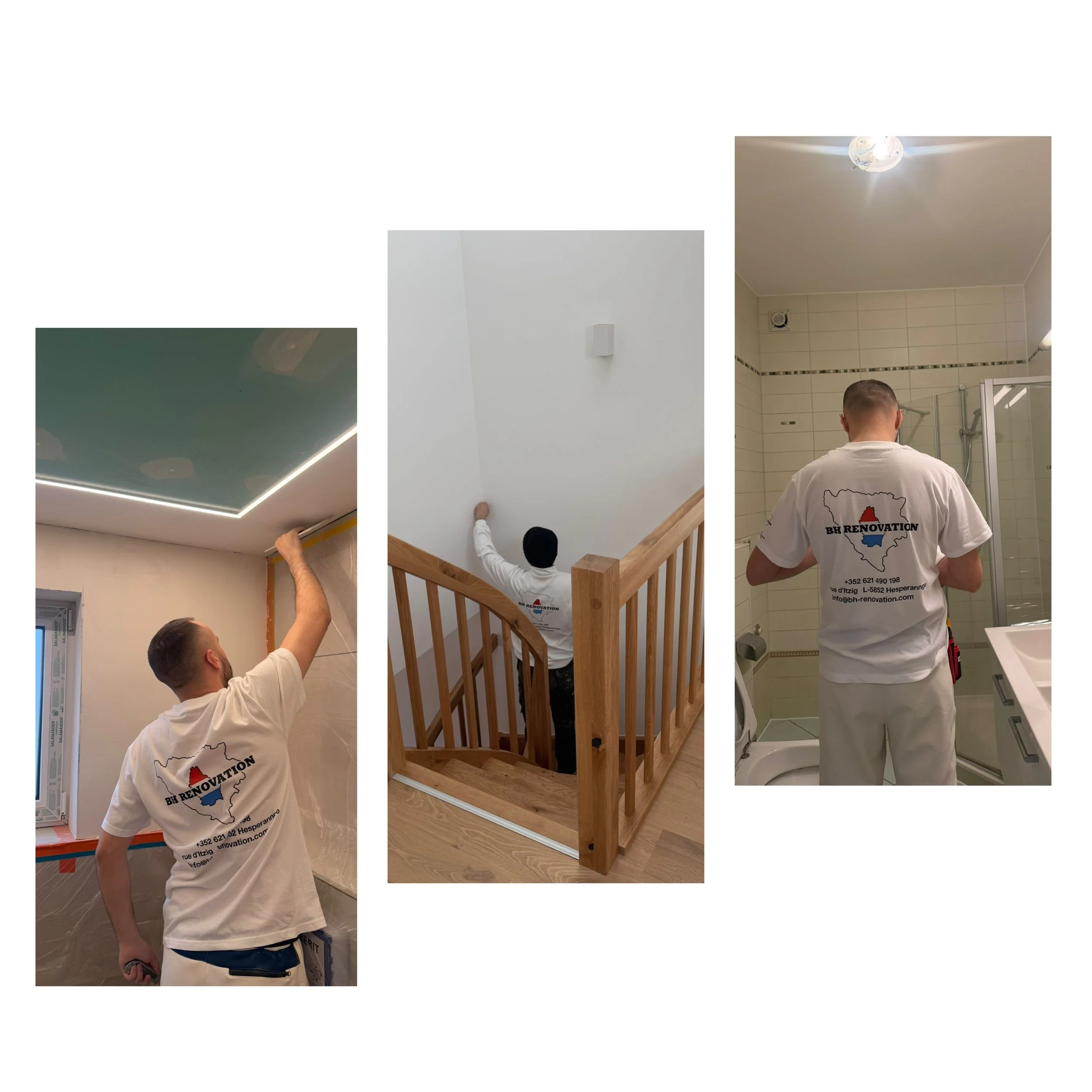 Trois photos de travailleurs en rénovation intérieure portant des t-shirts avec le logo BH Renovation. La première montre un homme peignant ou installant un éclairage au plafond dans une pièce. La deuxième montre un homme descendant ou montant un esc