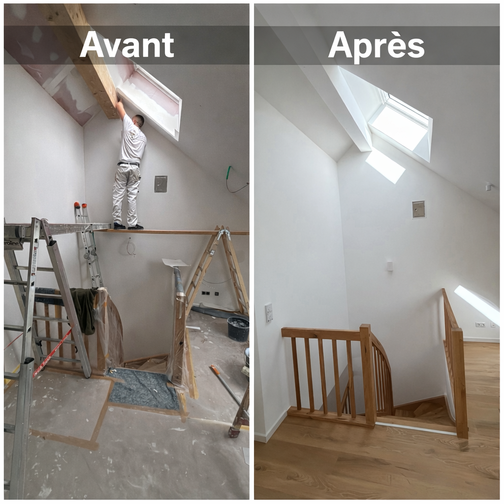Photo comparative montrant la rénovation d'une pièce sous un toit en pente. Sur la gauche ('Avant'), un homme travaille au plafond avec des outils et une échelle, la pièce en cours de peinture ou de réparation. Sur la droite ('Après'), la pièce est e