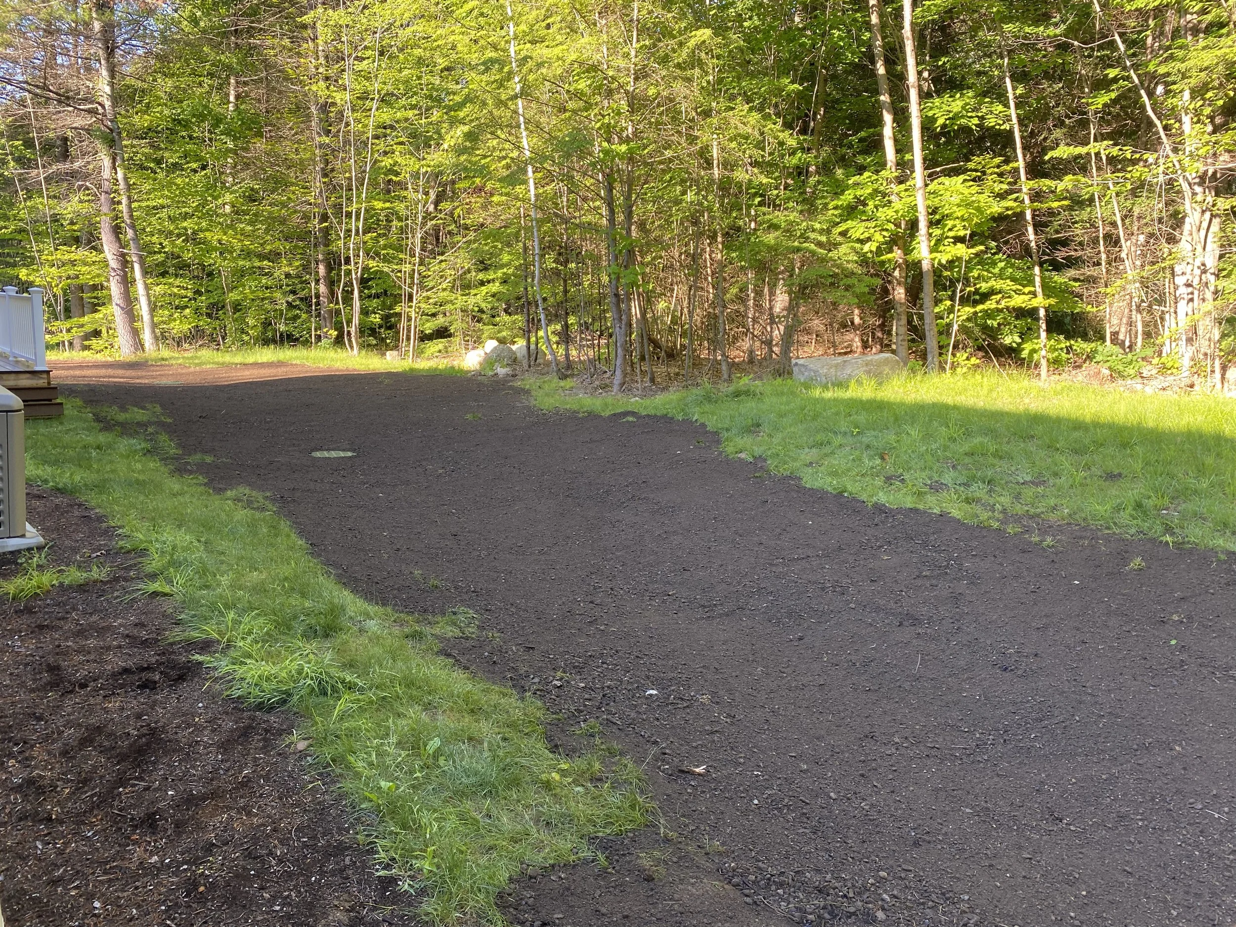 A partially paved driveway leading into a wooded area with lush green trees and grass, with a dirt section in the foreground.