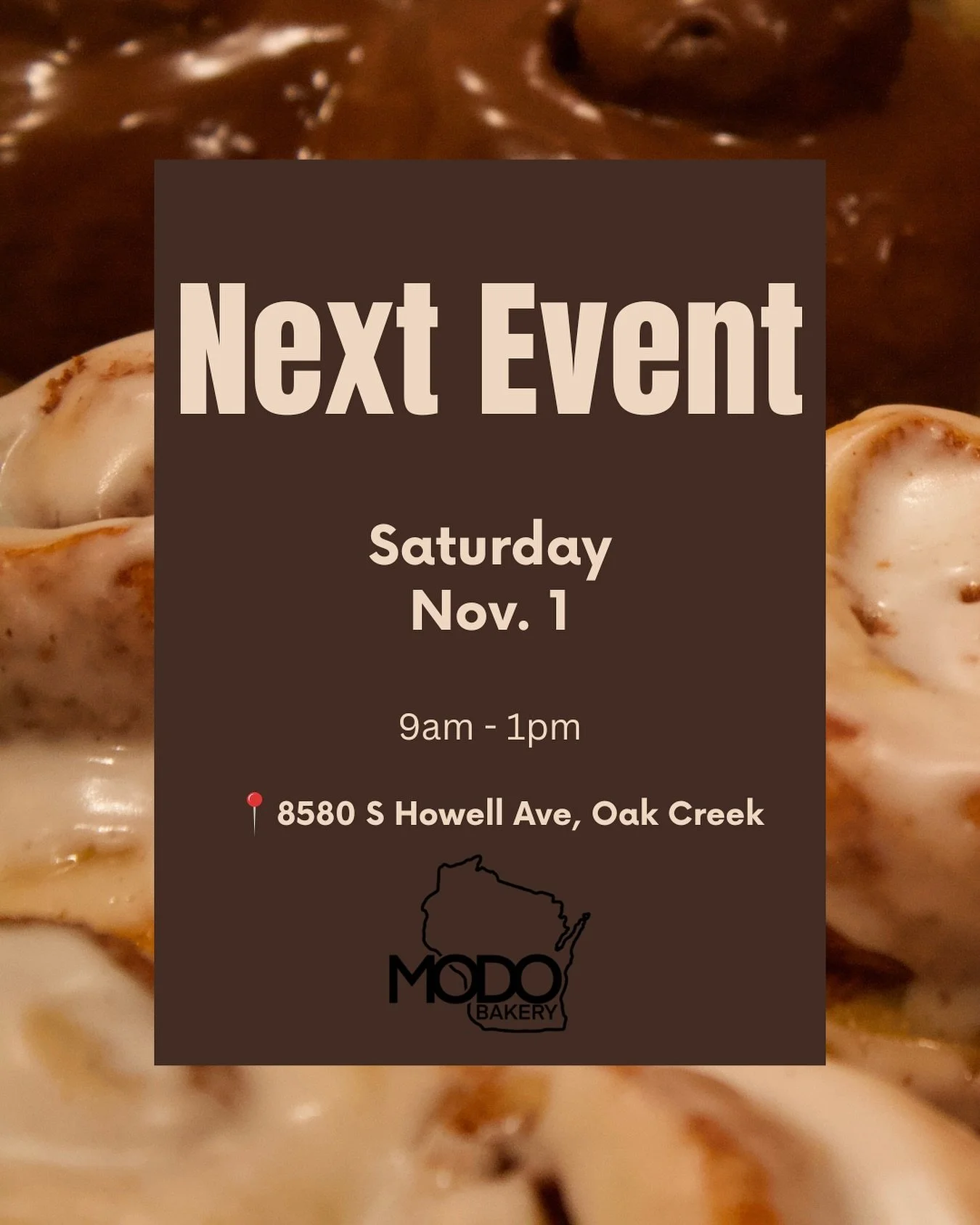 Come check us out Nov. 1st inside Oak Creek Community Center 🍁🍂

 📍8580 S Howell Ave, Oak Creek
 ⏰ 9am-1pm 

Order ahead at www.modobakery.com
Market pick up or delivery are available 

Full menu will be revealed later this week, stay tuned 👀

#b