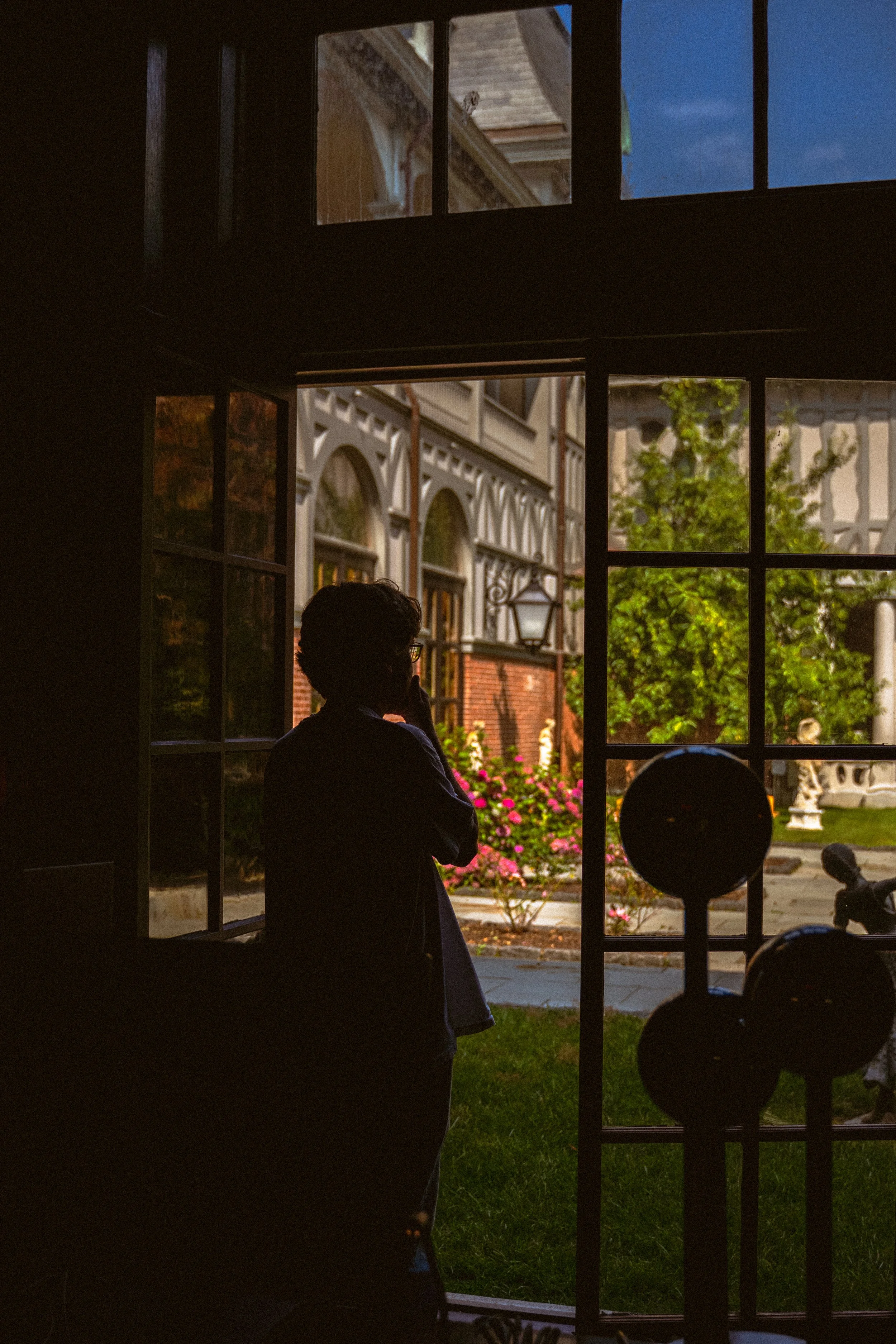 Person standing inside a house, looking out through large multi-pane window at a garden with a flowering bush, trees, and historic buildings in the background during the evening.