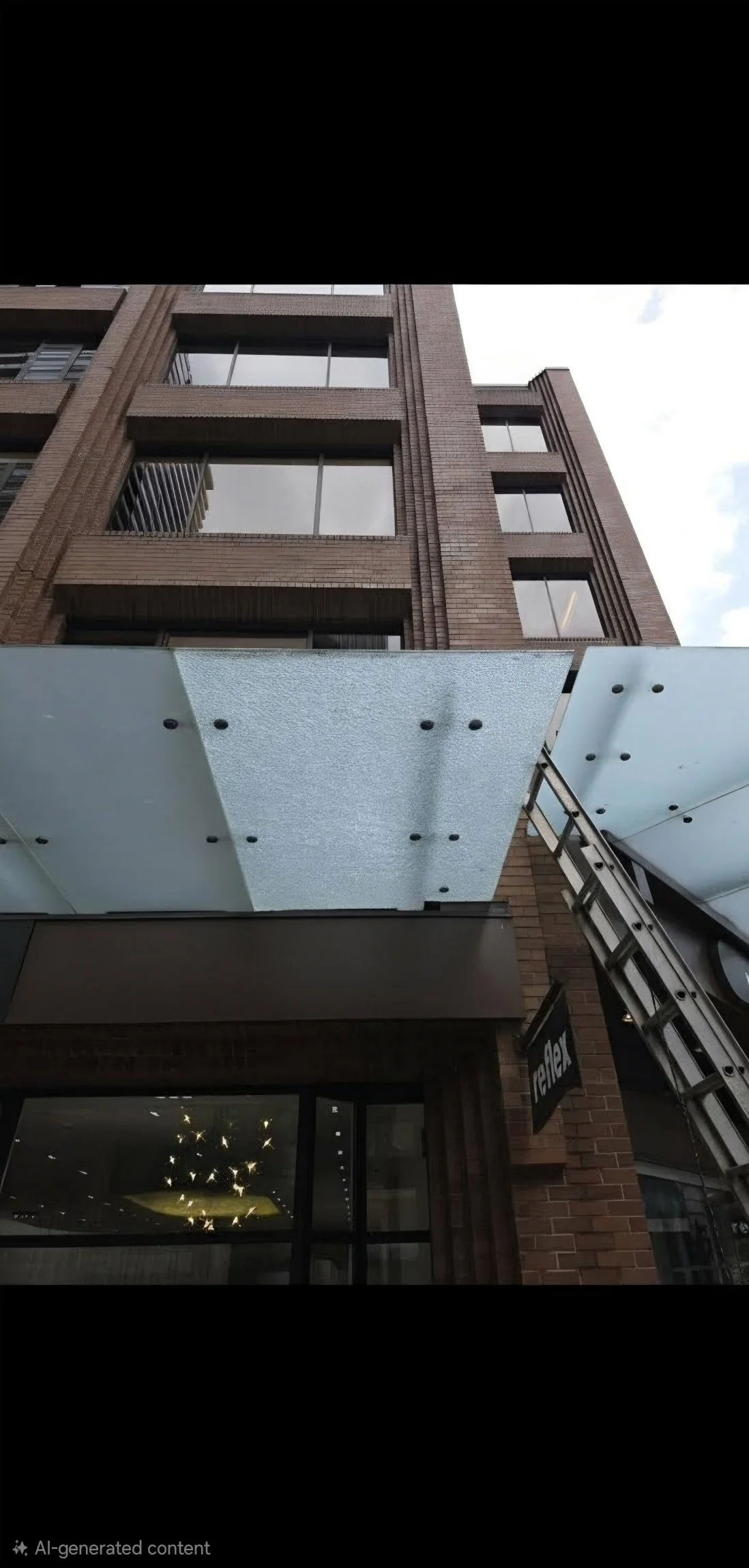 Low-angle view of a modern brick building with large windows and a glass awning, with a ladder leaning against it and a sign that reads 'flex'.